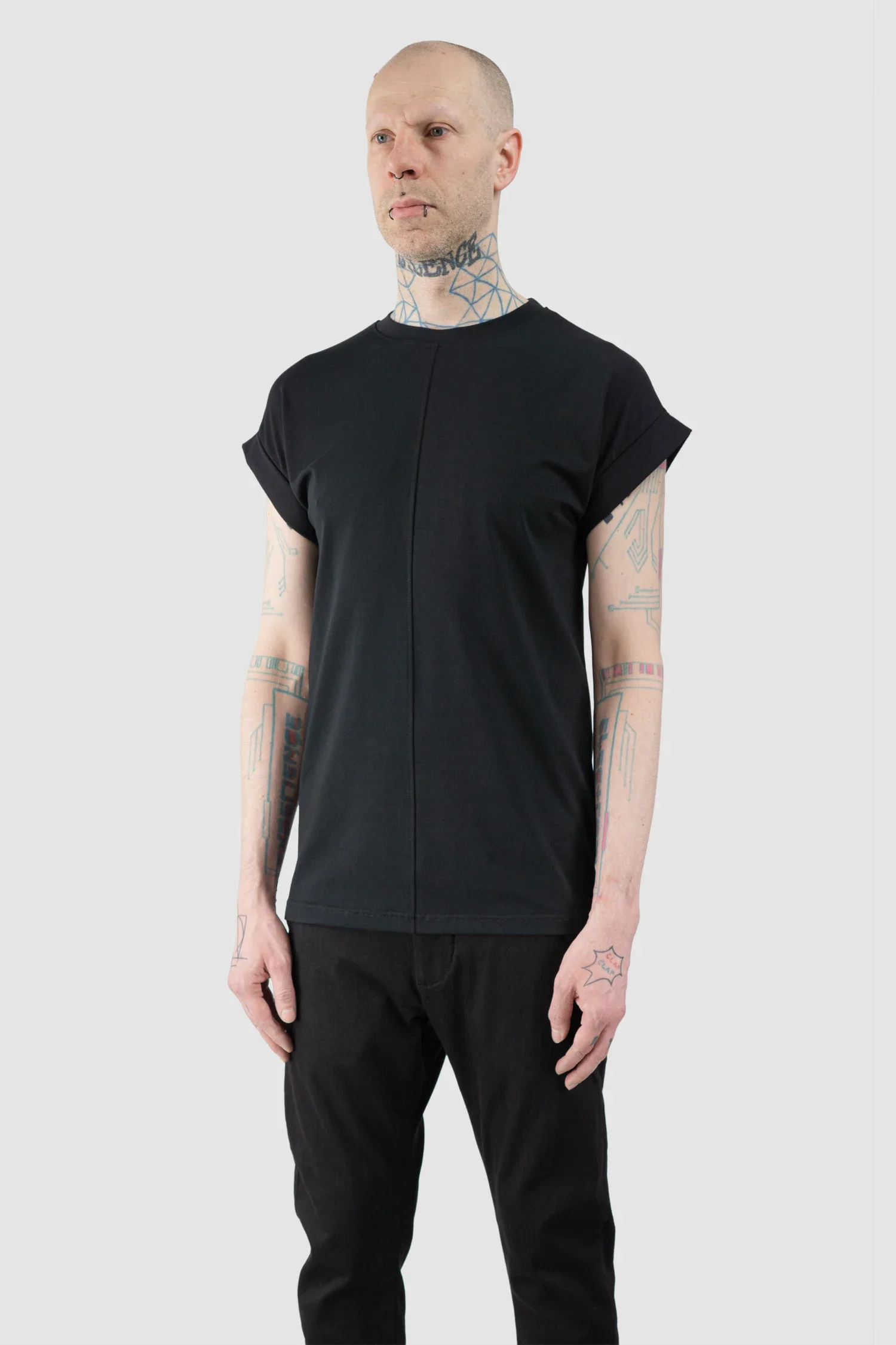 Black Front Seam Elastic Cotton T-Shirt - Image 2