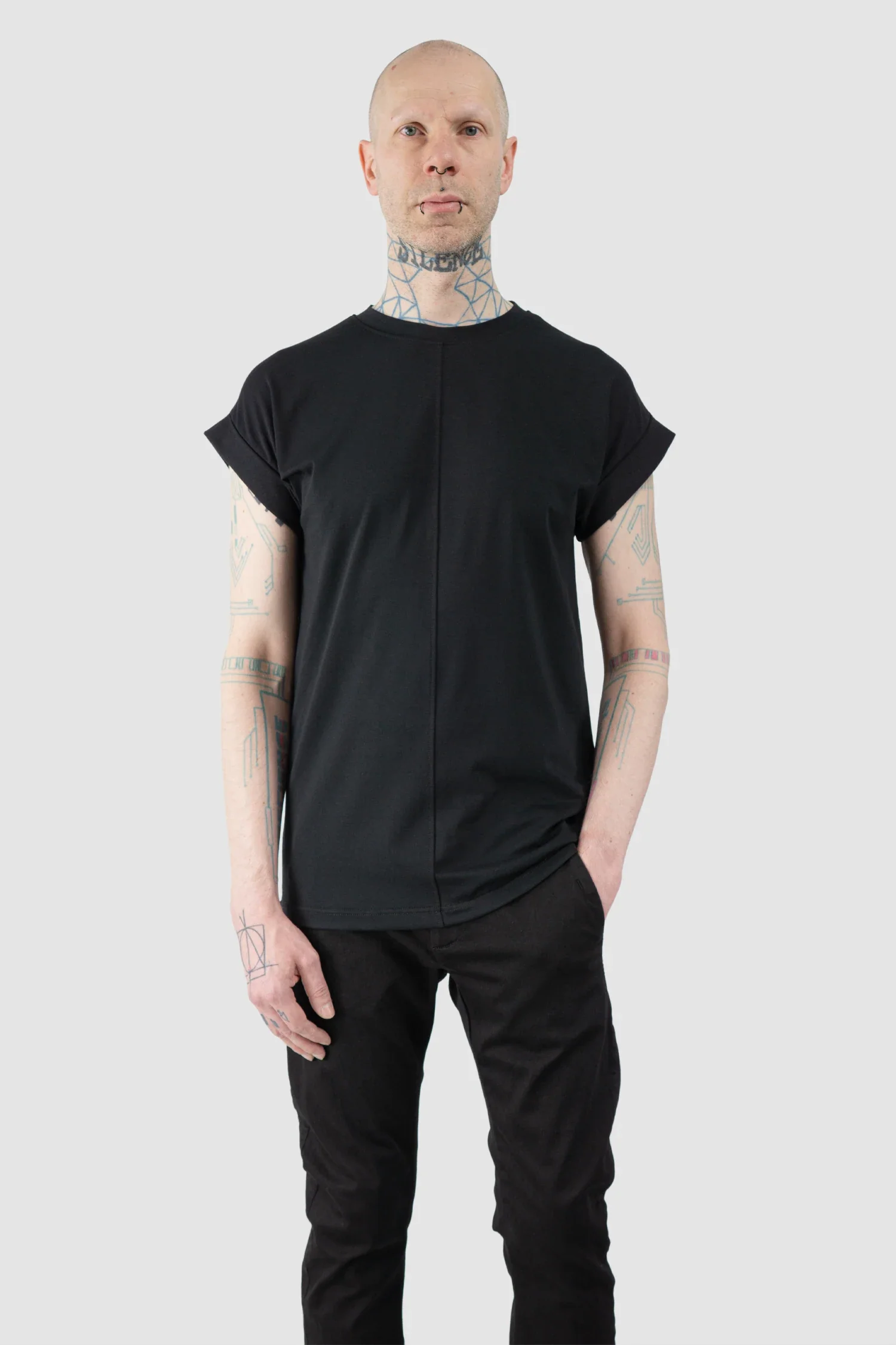 Black Front Seam Elastic Cotton T-Shirt - Image 7