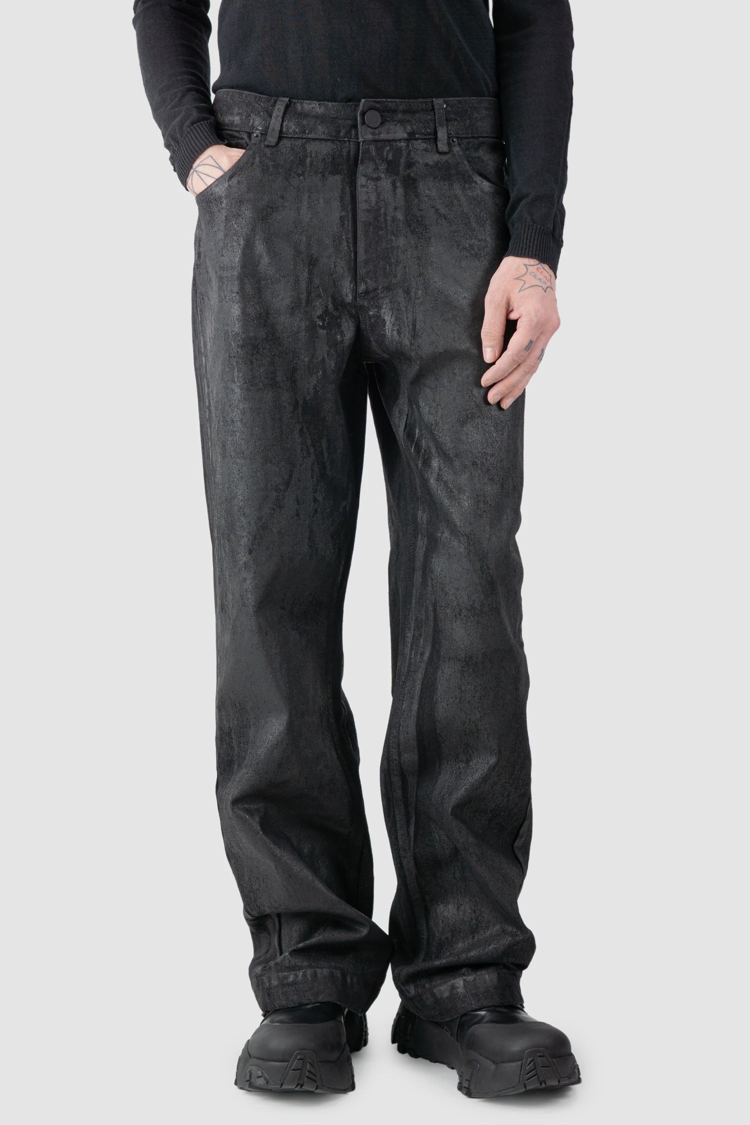 Black Hand-Painted Rubberized Coated Denim Jeans - Image 8