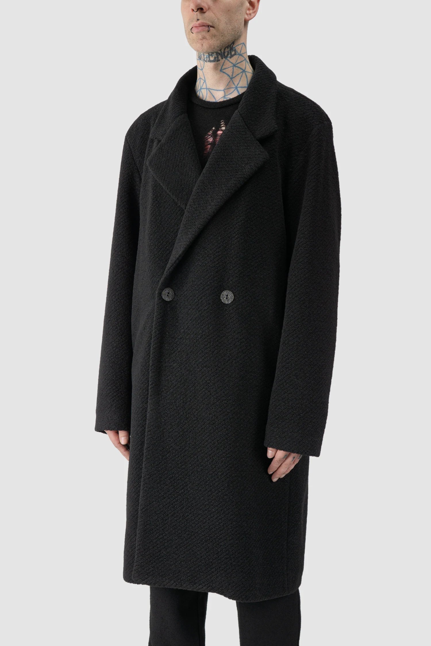 Black Long Wool Blend Coat with 2-Button Closure - Image 2