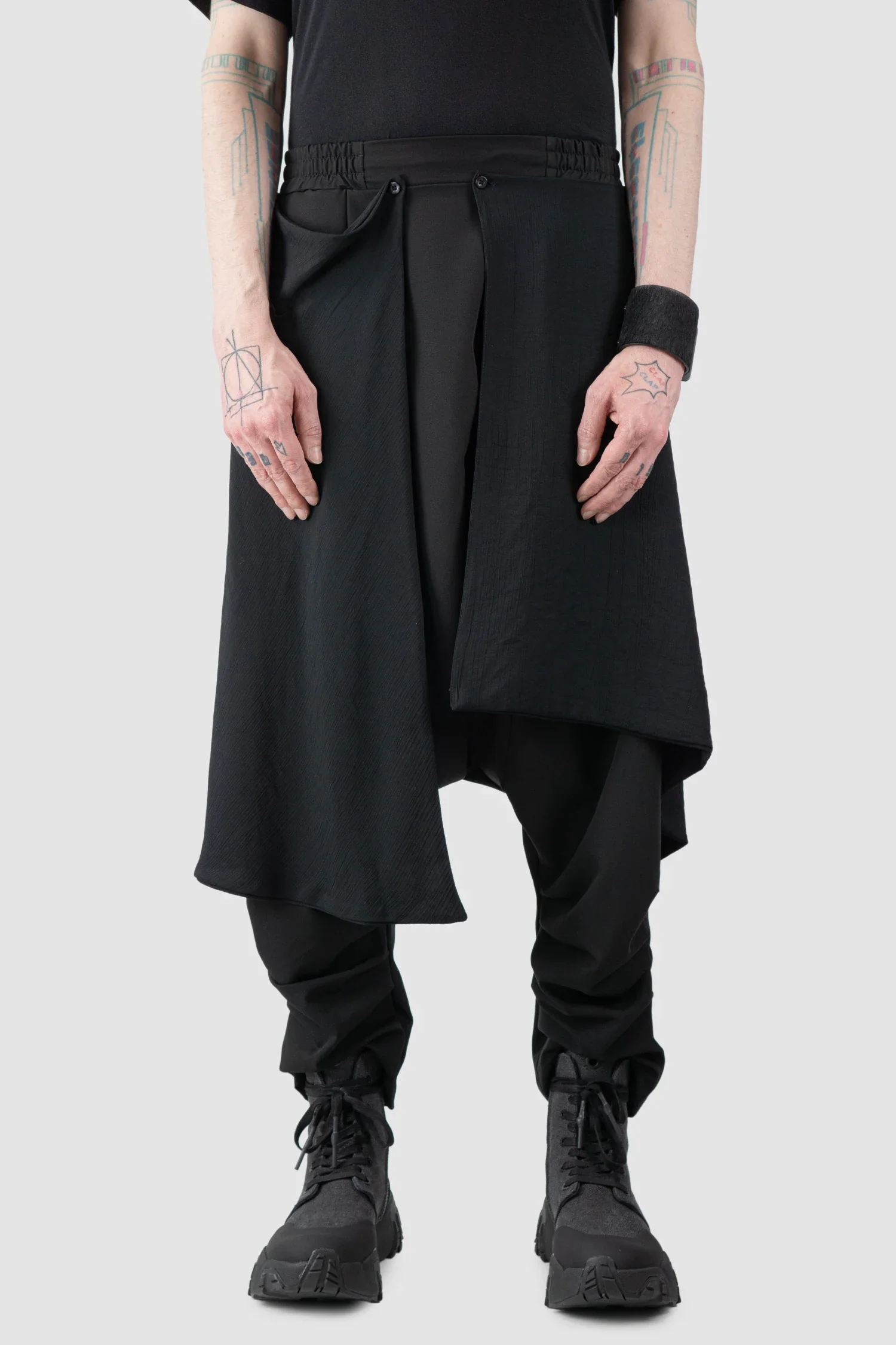 Black Low Crotch Trousers with Detachable Skirt
