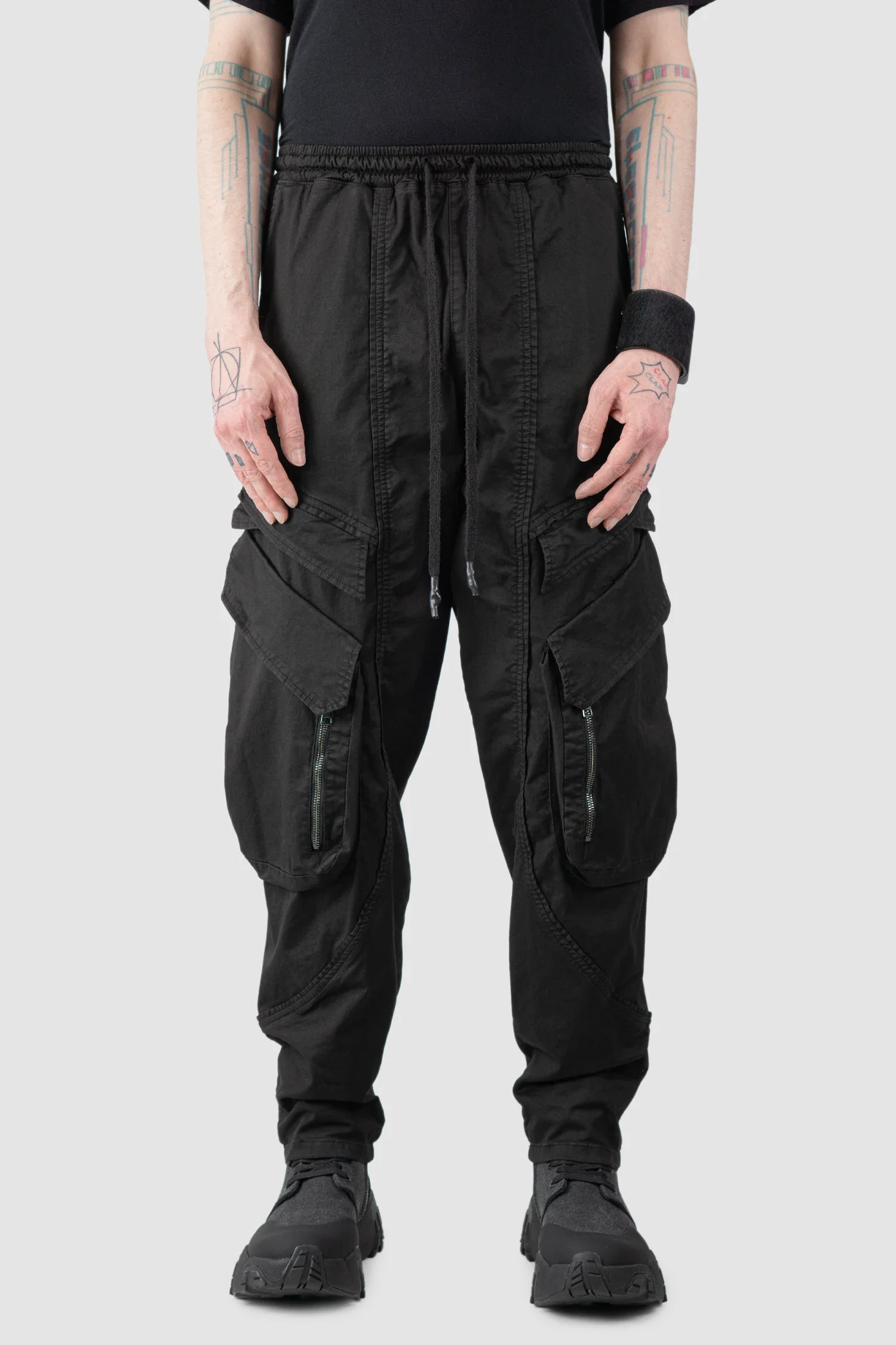 Black Stretch Denim Cargo Trousers