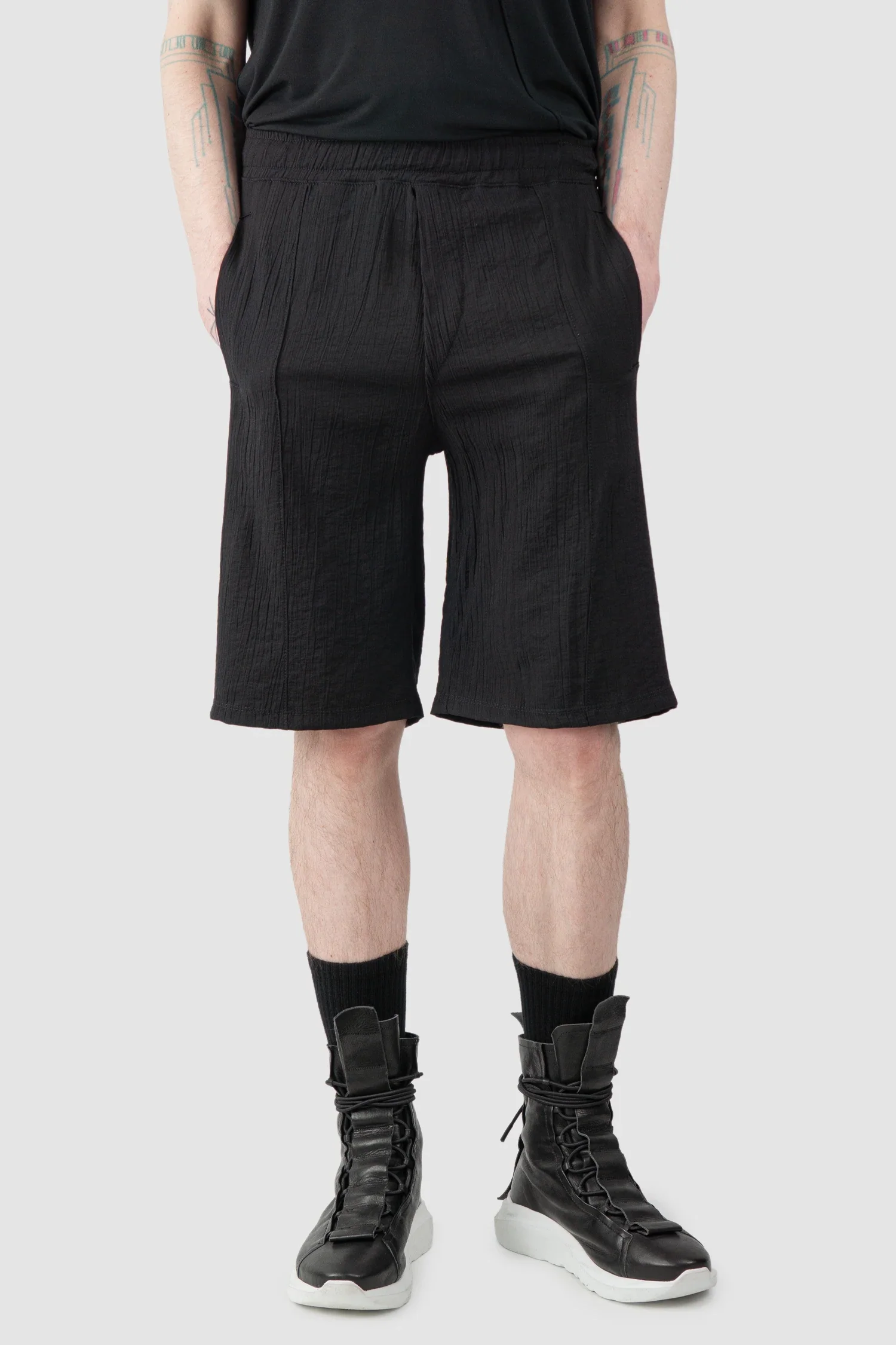Black Structured Viscose Blend Shorts - Image 7