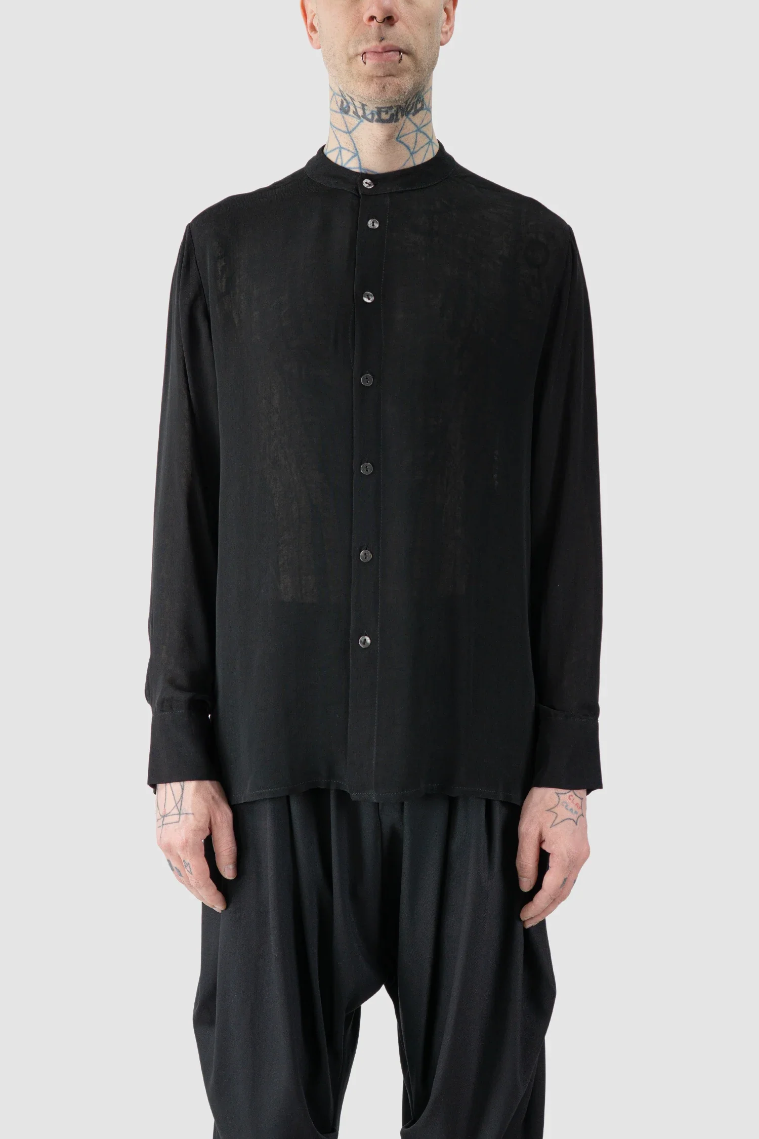 Black Viscose Shirt with Mandarin Collar