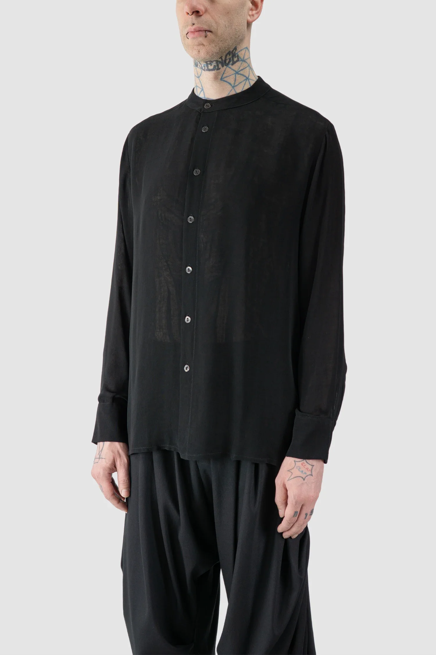 Black Viscose Shirt with Mandarin Collar - Image 2