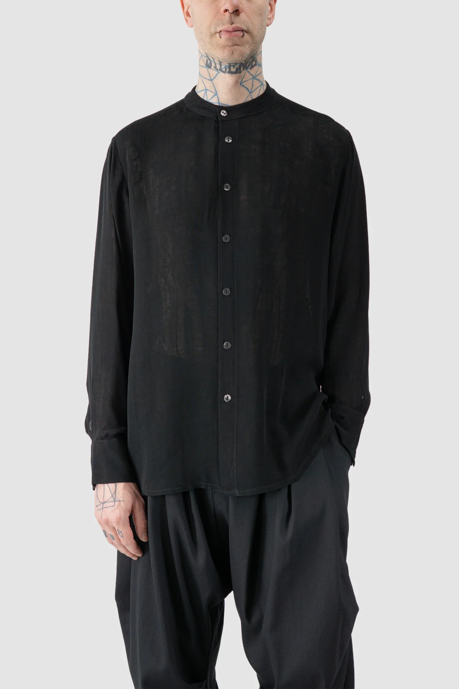 Black Viscose Shirt with Mandarin Collar - Image 6