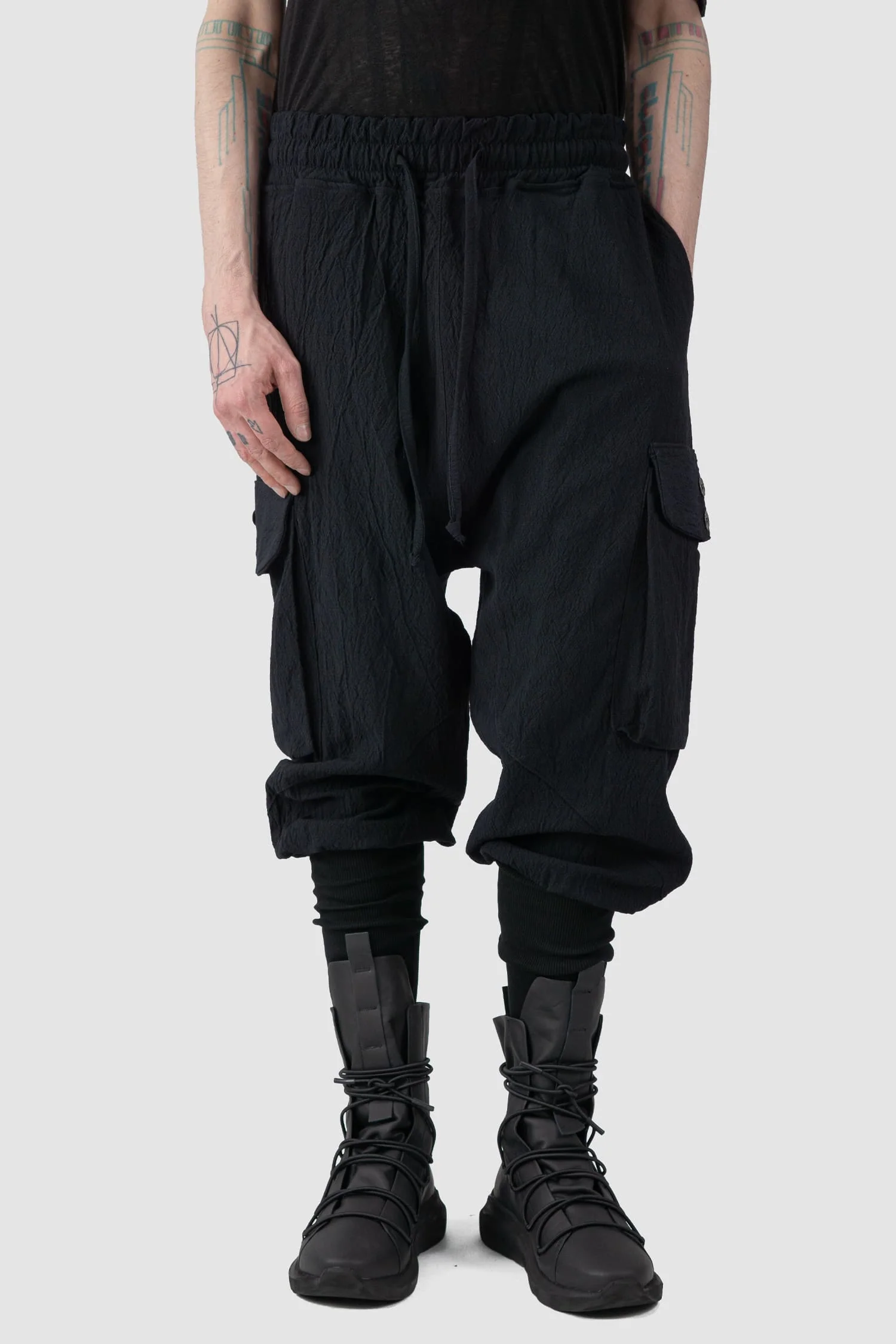 Black Buffed Cotton Jacquard Cargo Trousers - Image 6