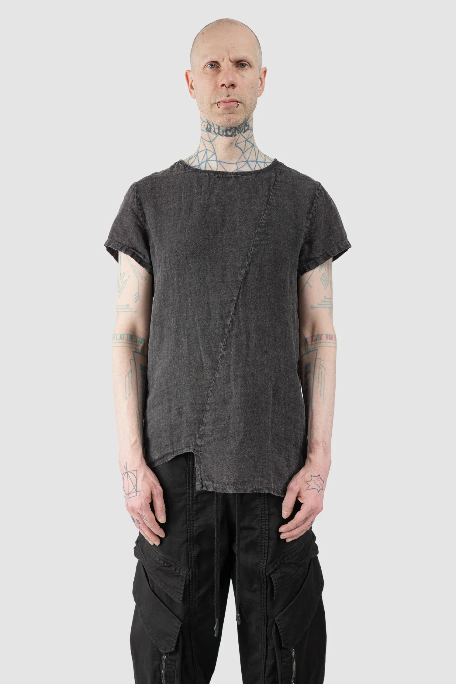 Dark Grey Marmorized Asymmetrical Linen T-Shirt