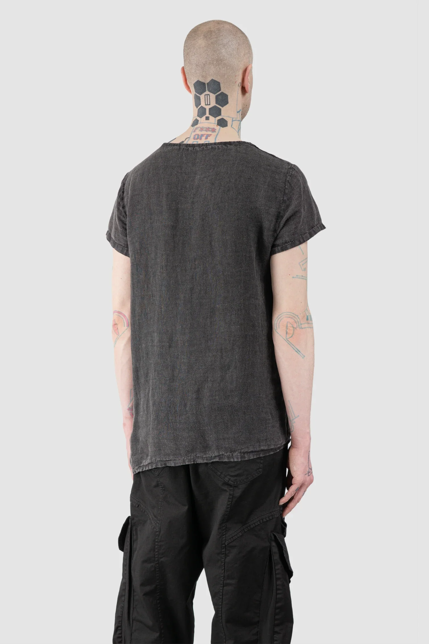 Dark Grey Marmorized Asymmetrical Linen T-Shirt - Image 6
