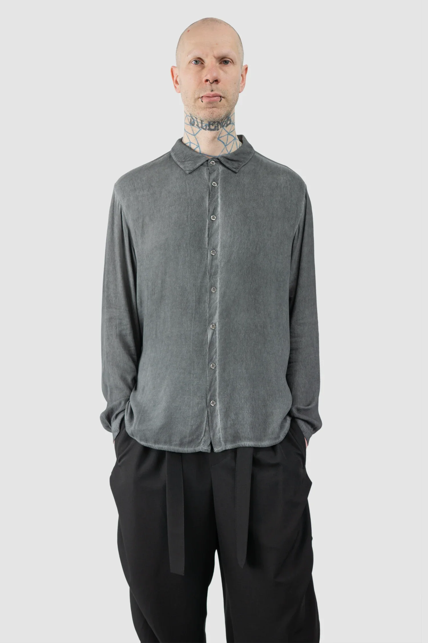 Grey Cold Dyed Button Up Viscose Shirt - Image 7