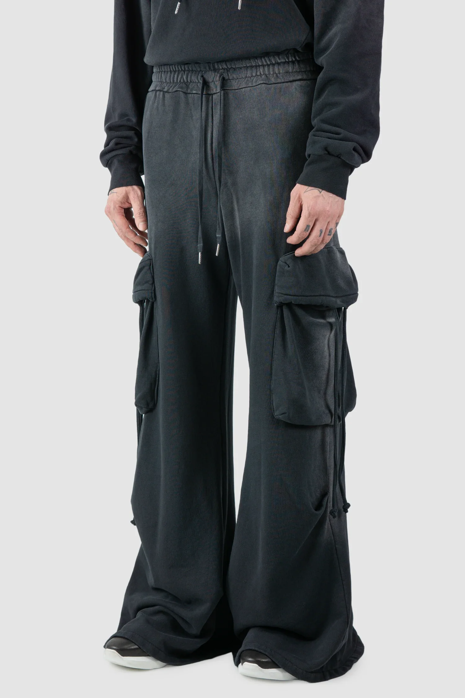 Grey Sprayed Cotton Wide Leg Cargo Jogger Pants - Image 2