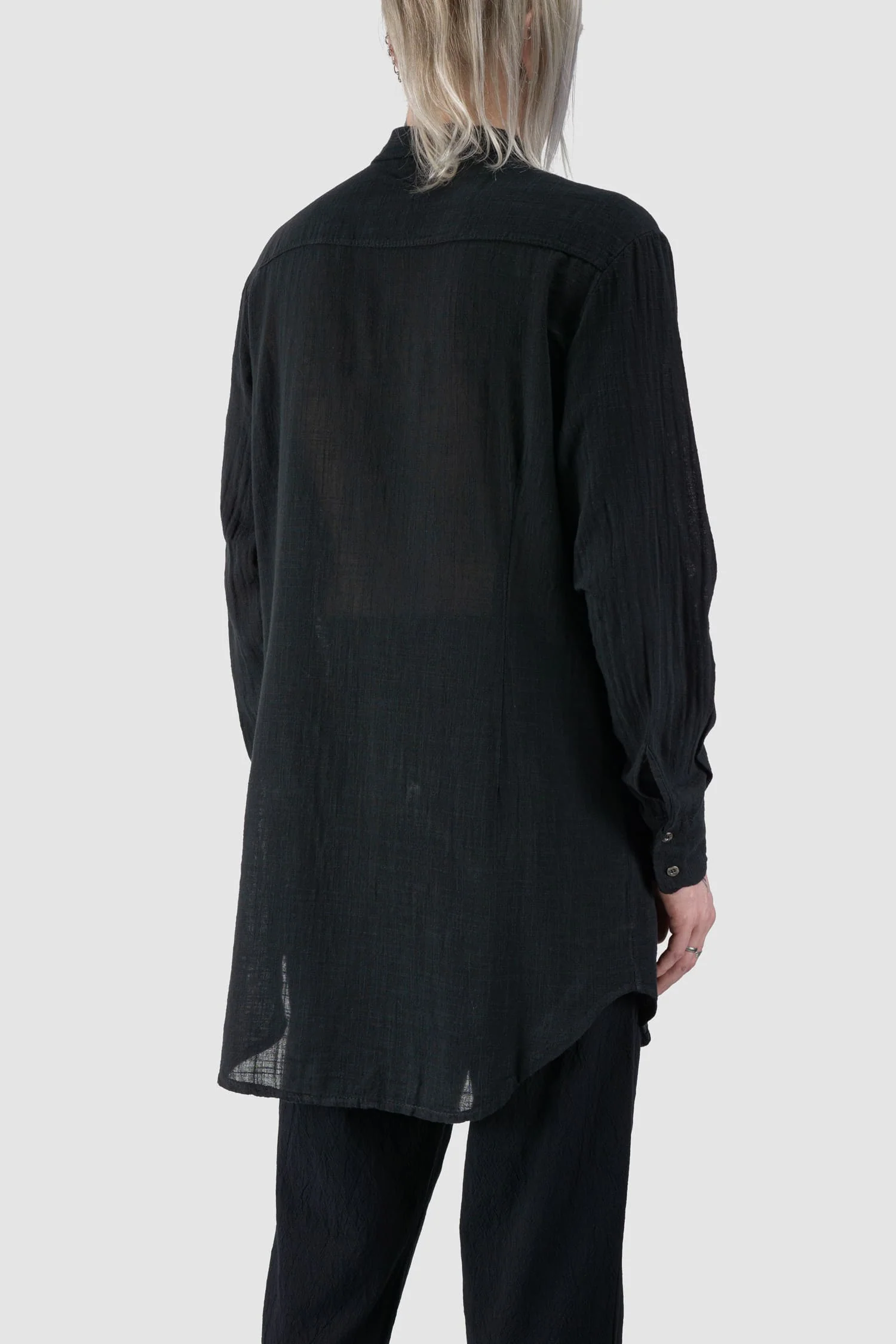 Black Long Lightweight Cotton Gauze Long Sleeve Shirt - Image 6