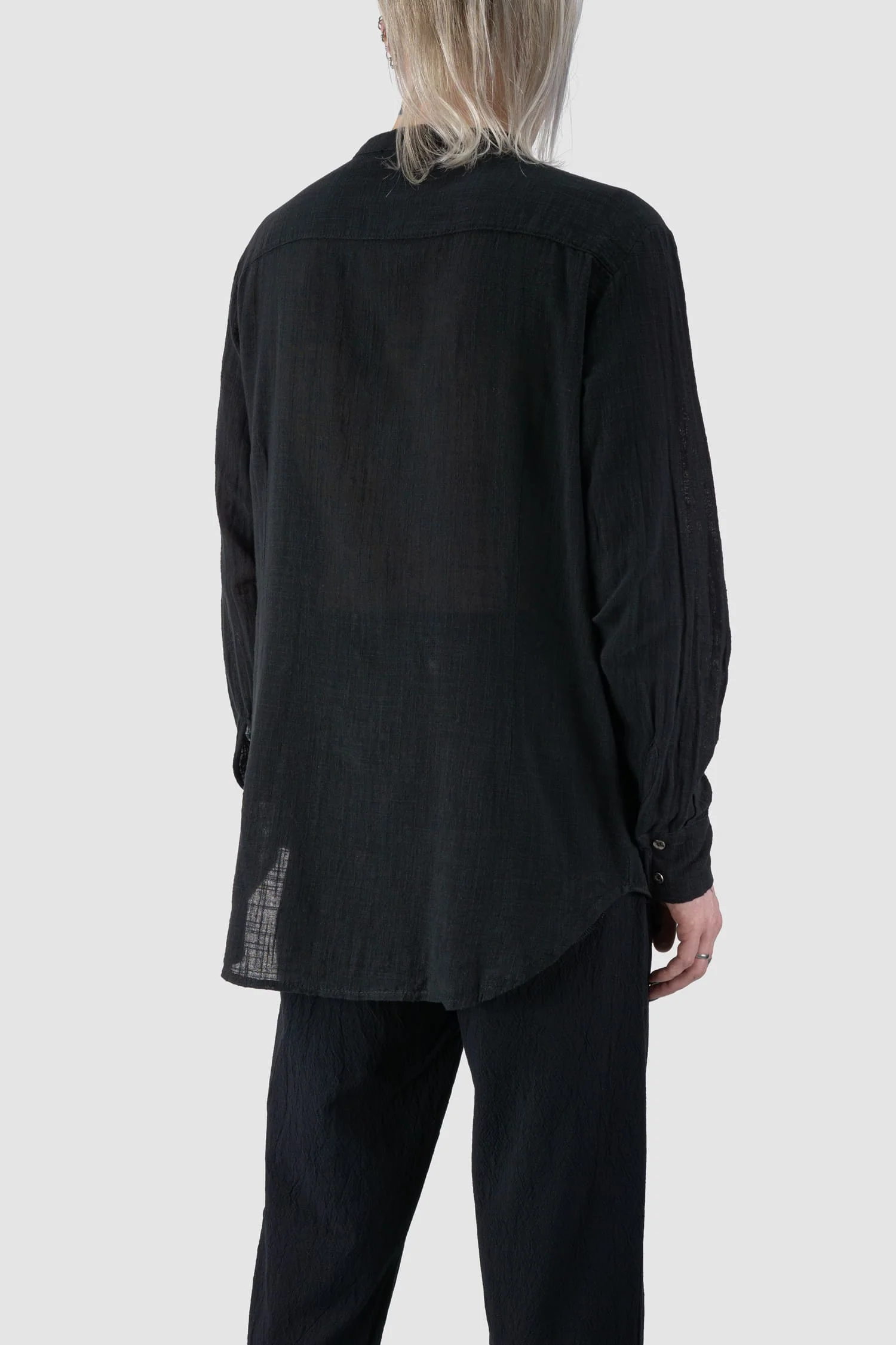 Black Regular Cotton Gauze Mandarin Collar Shirt - Image 5