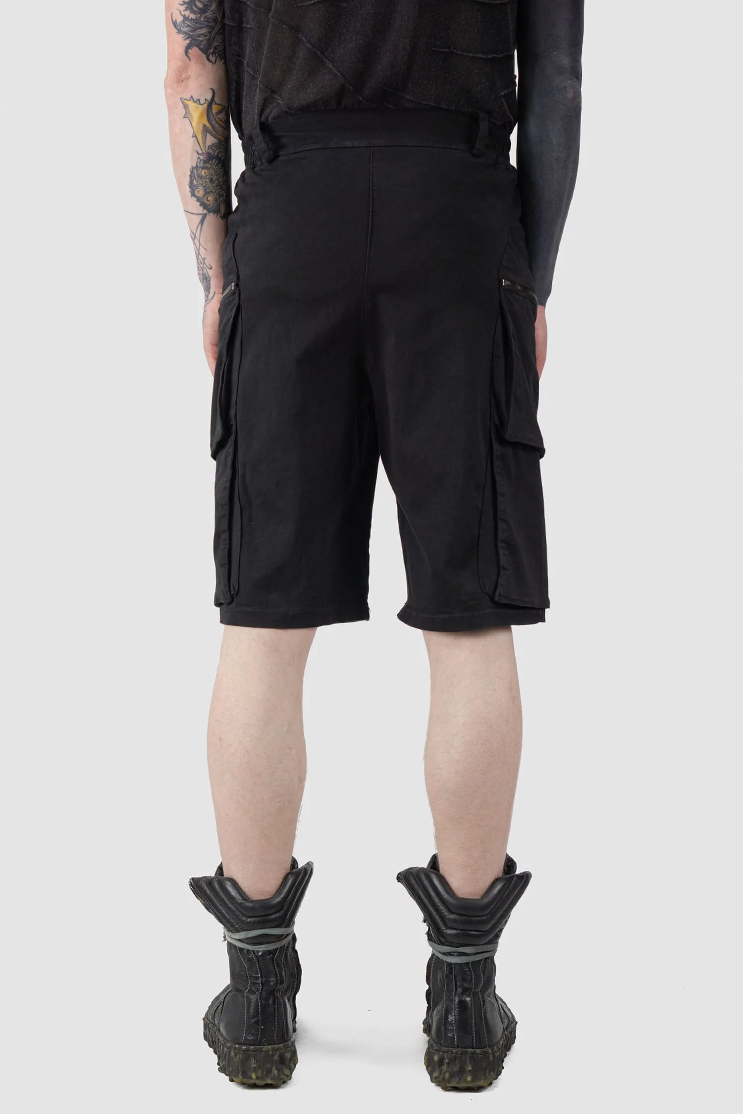 Black Stretch Cotton Denim Utility Cargo Shorts - Image 4