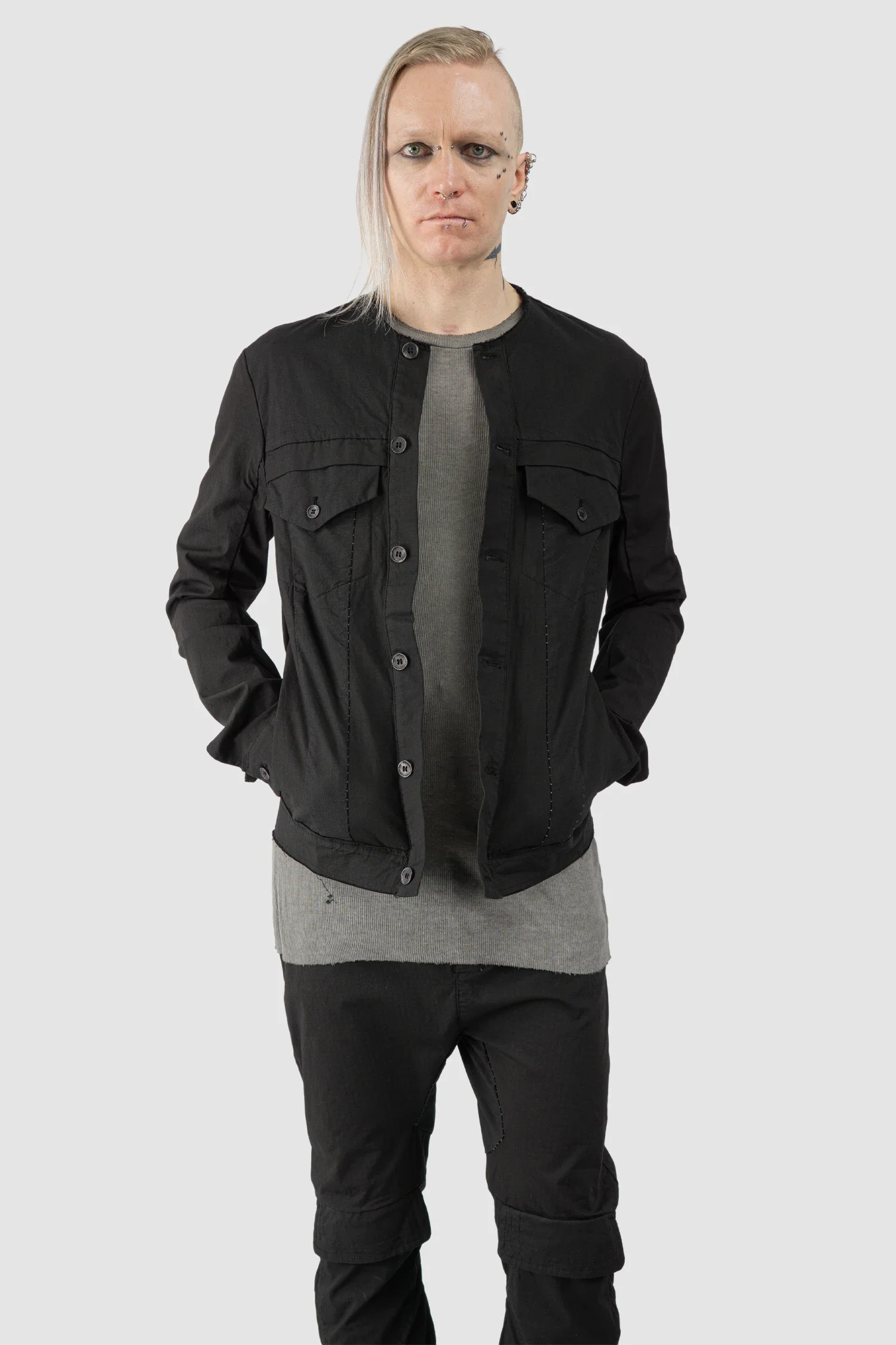 Black Cotton Dart Cut Biker Jacket - Image 9