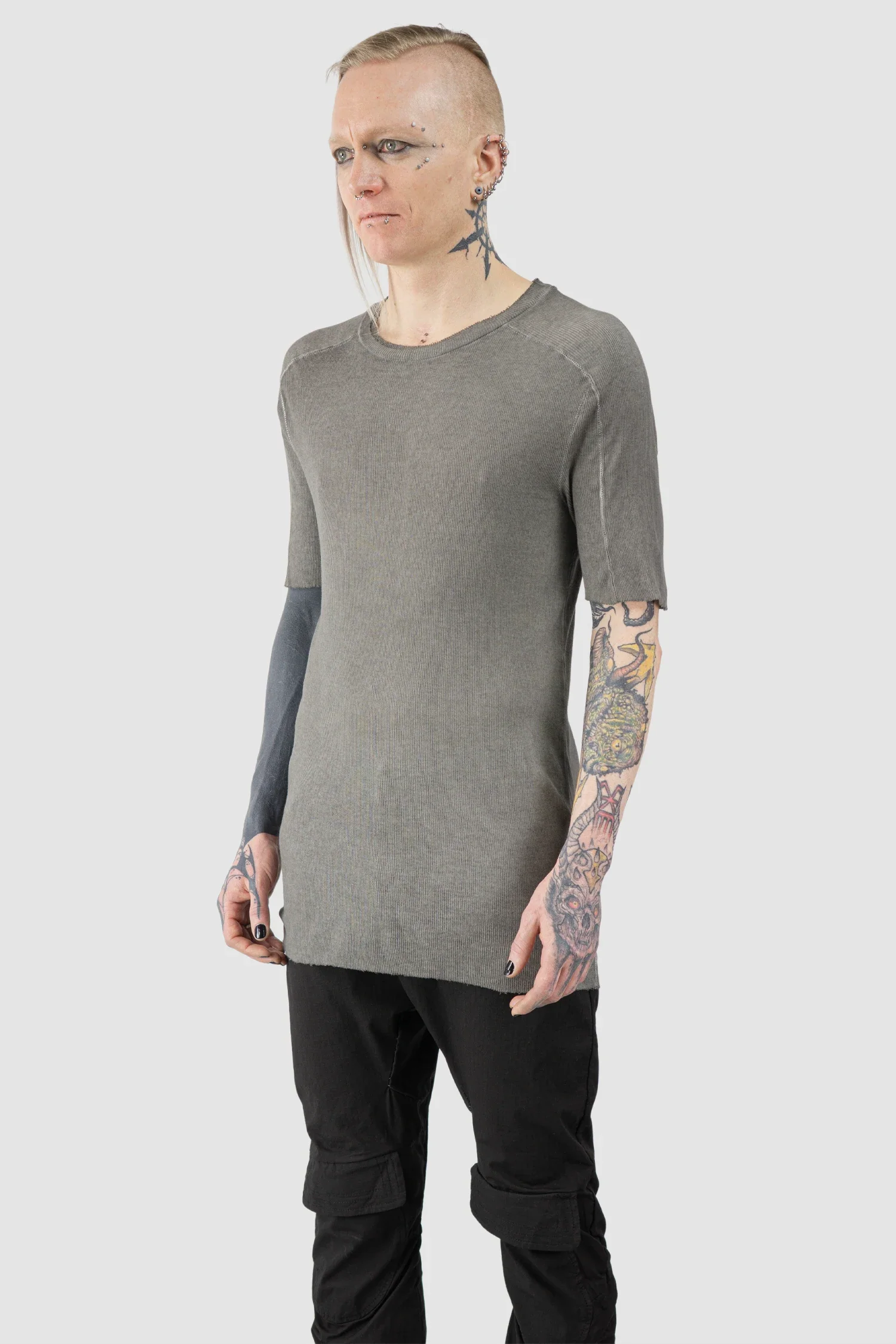 Grey Cotton Rib Raglan T-Shirt - Image 2
