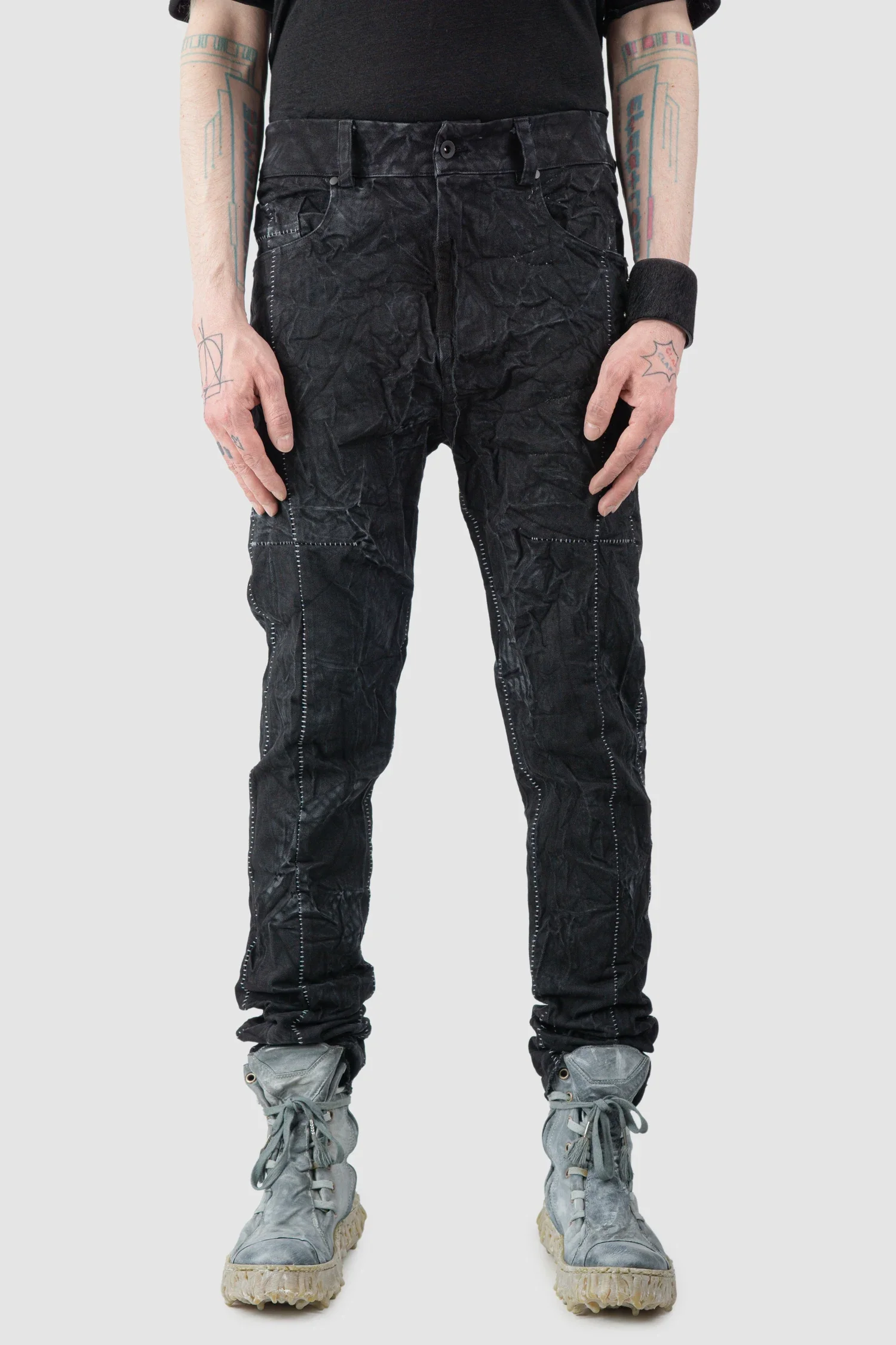 Black Crinkled Stone Washed Denim Jeans