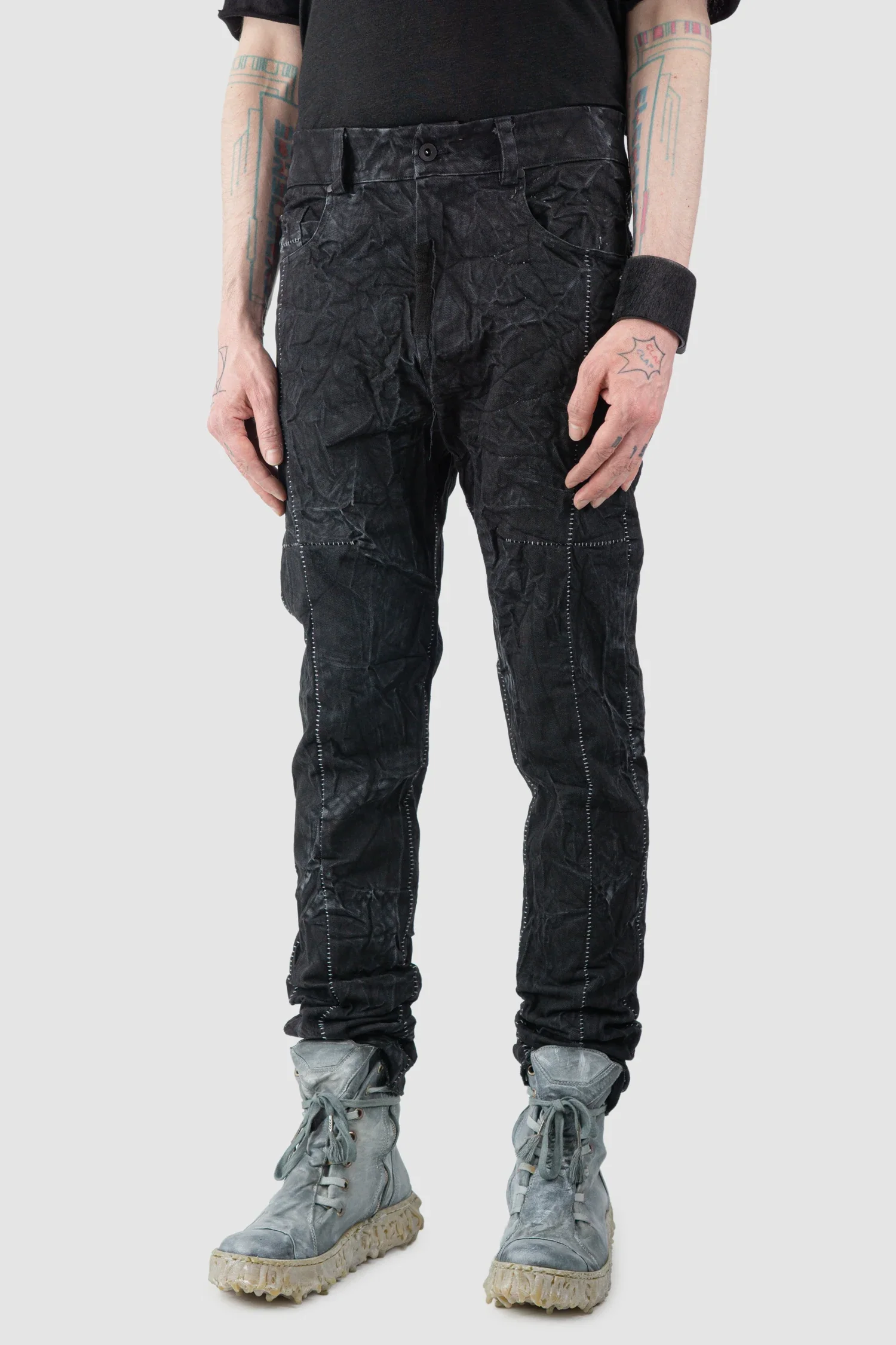 Black Crinkled Stone Washed Denim Jeans - Image 2