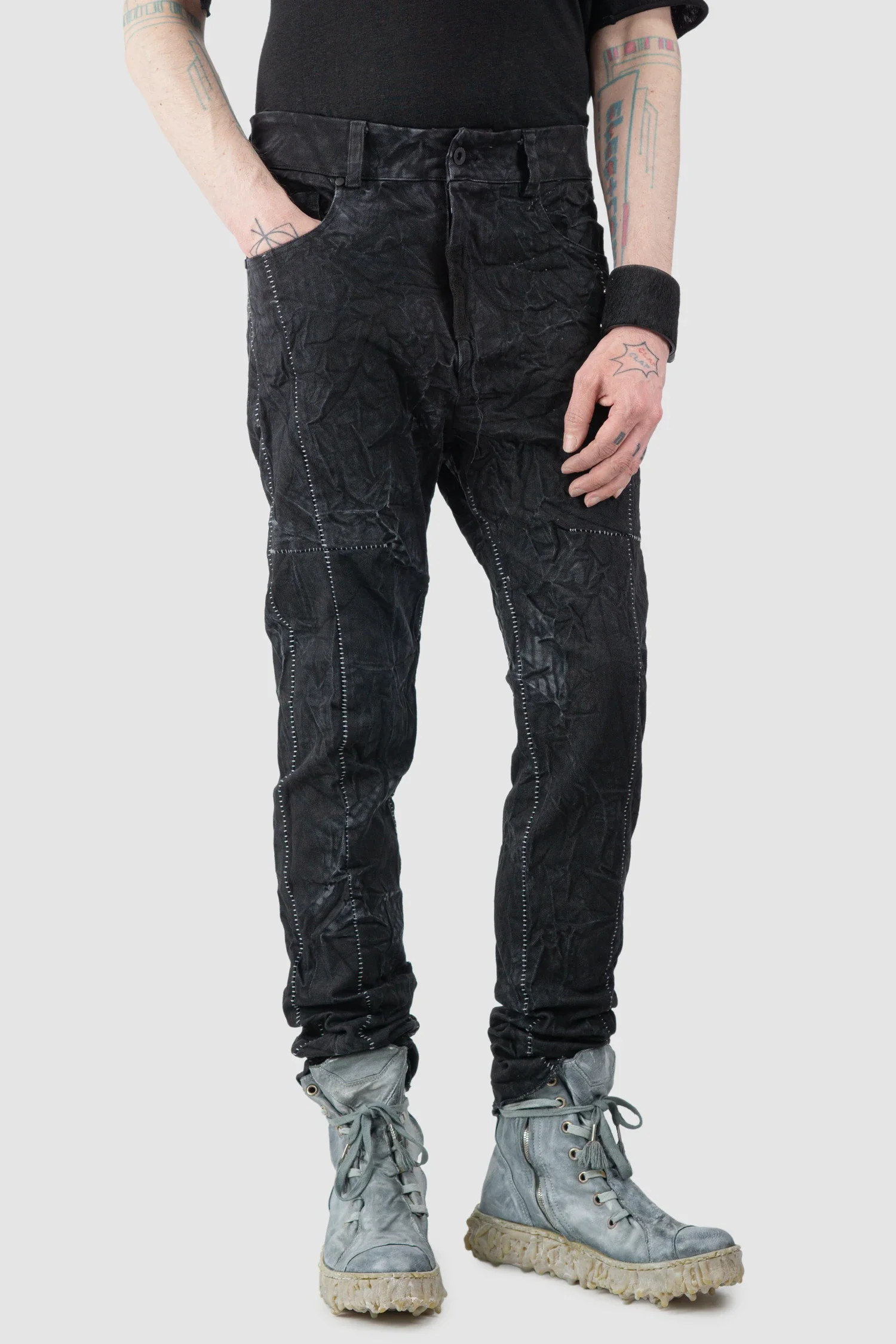 Black Crinkled Stone Washed Denim Jeans - Image 8