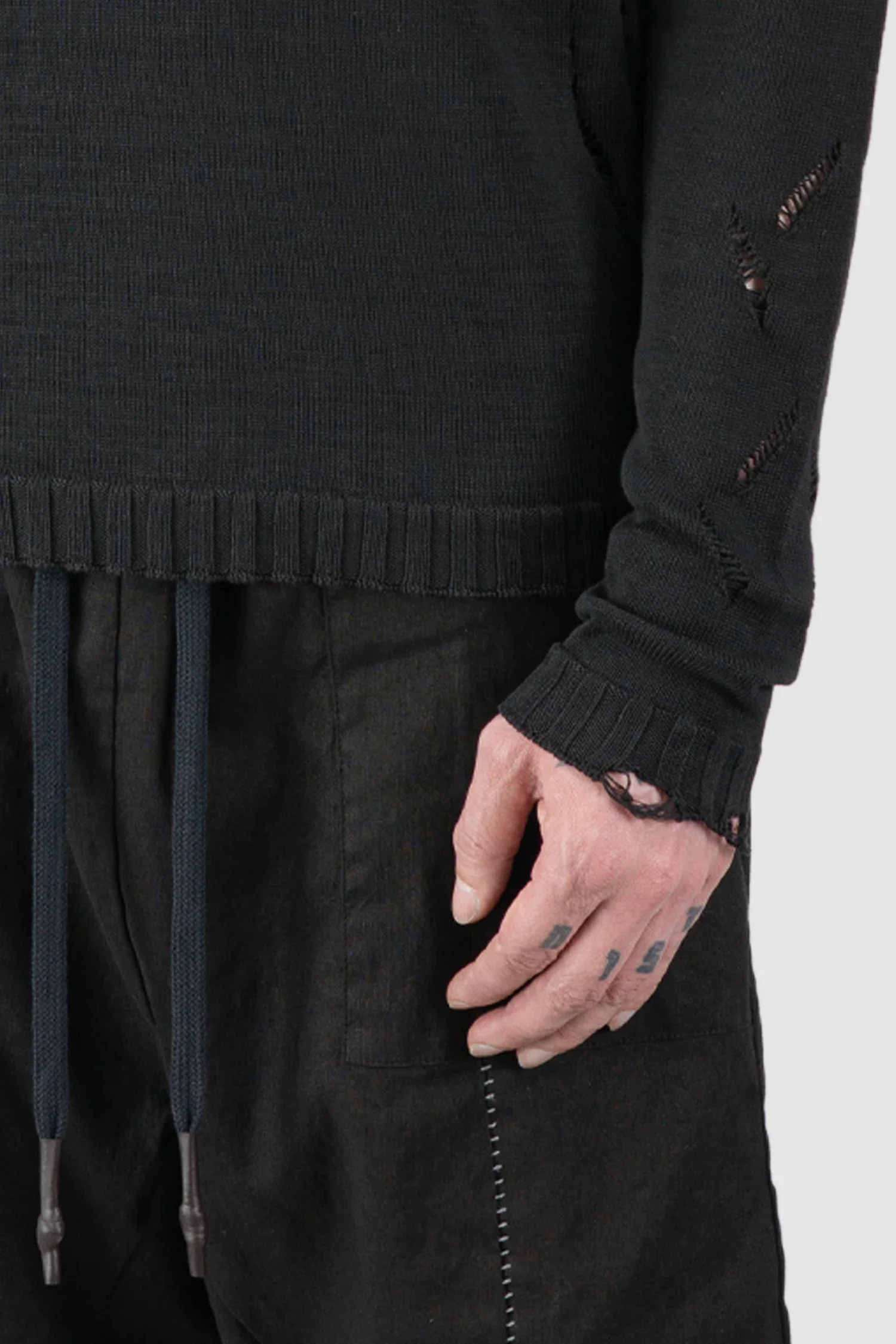 Black Destroyed Cotton Knit Sweater - Image 3