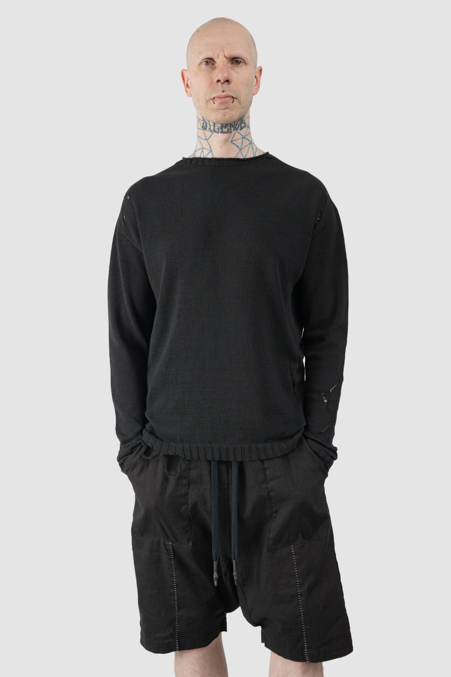 Black Destroyed Cotton Knit Sweater - Image 8