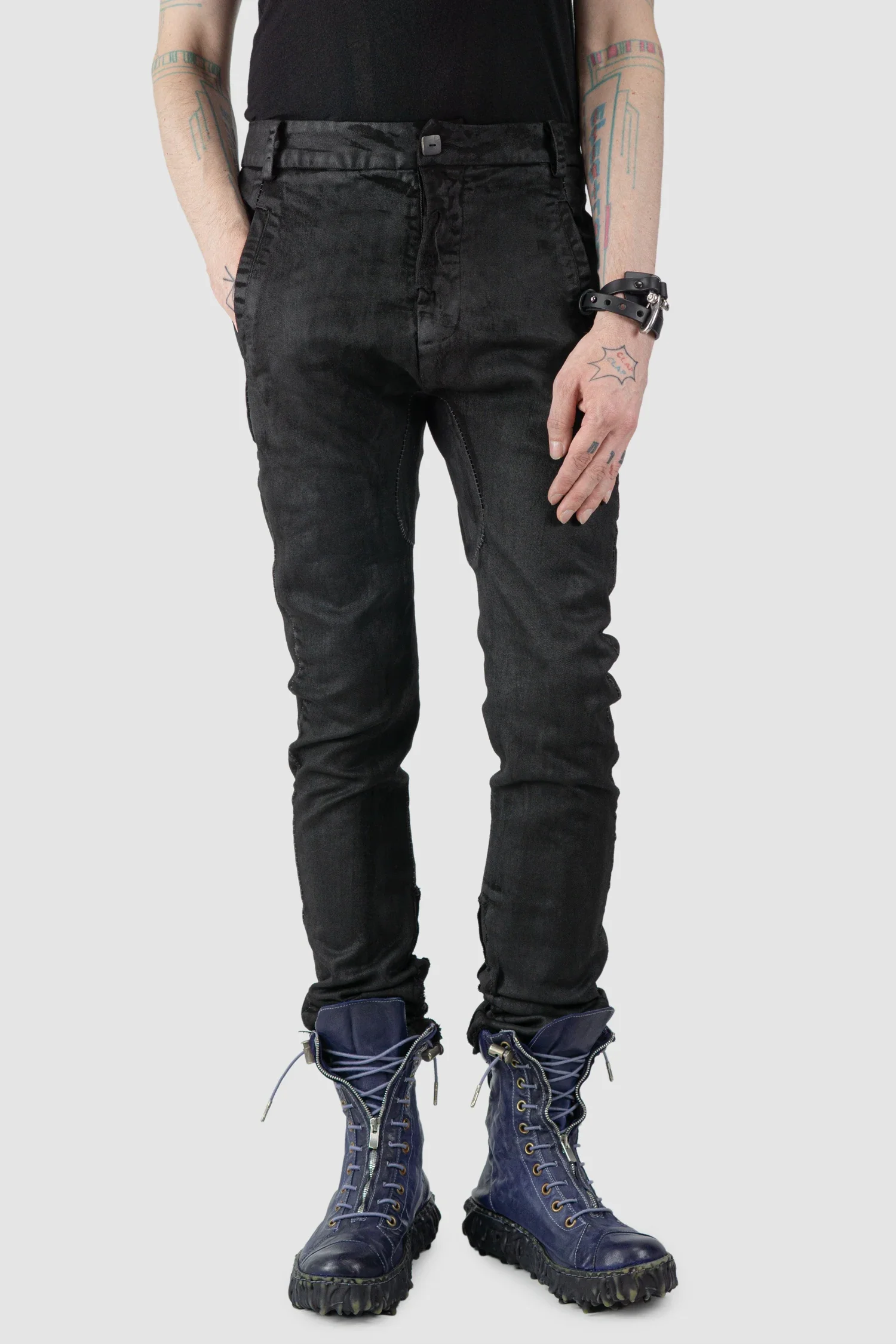 Black Irregular Heavy Waxed Denim Jeans - Image 8