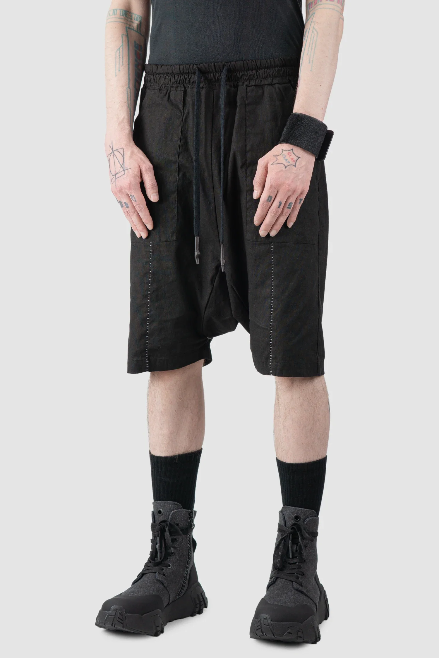 Black Linen Drop Crotch Shorts - Image 2