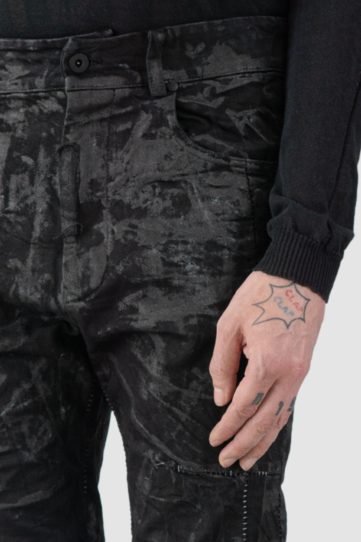Black Sandpaper Coated Stacked Denim Jeans - Image 3