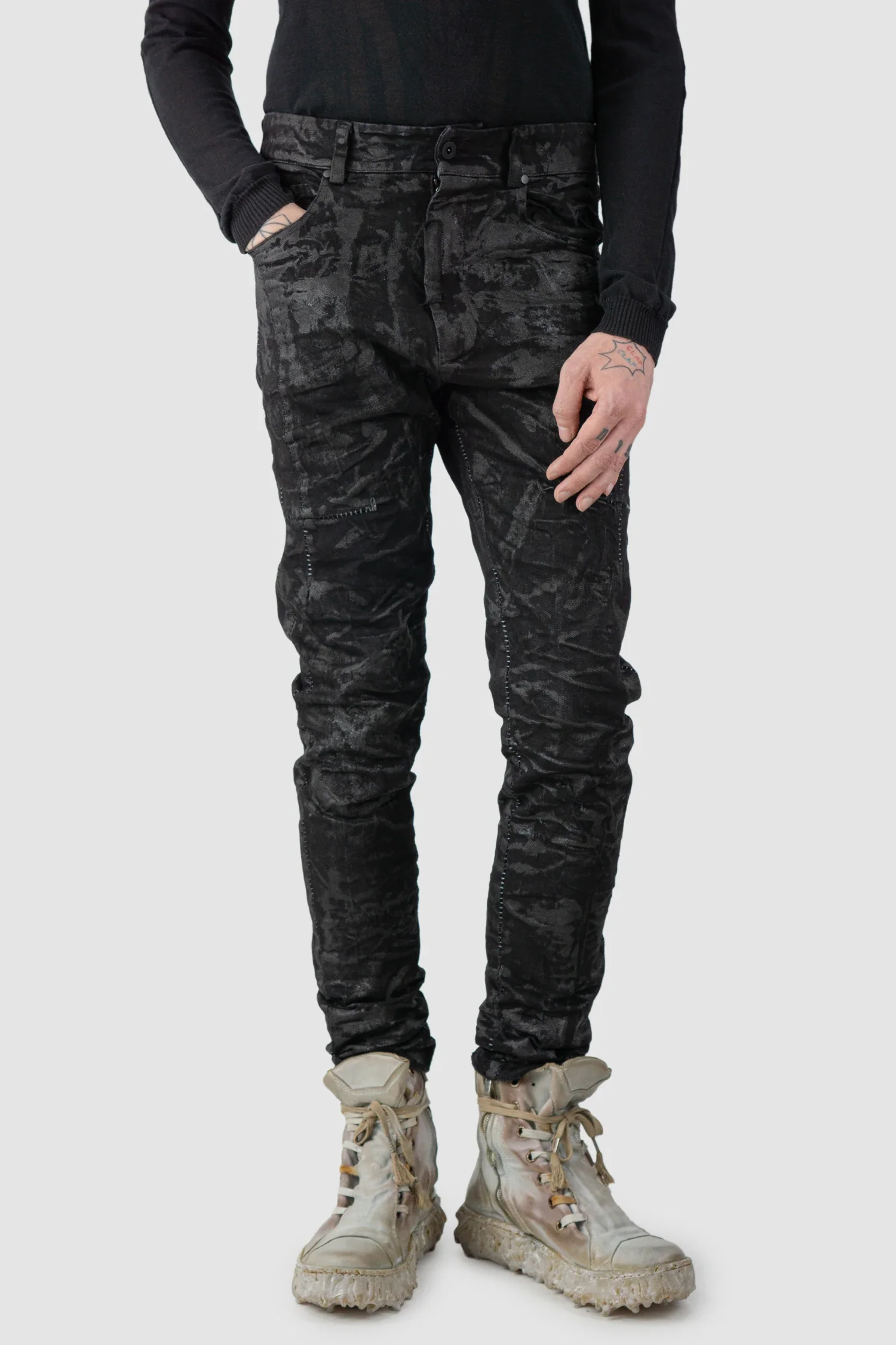 Black Sandpaper Coated Stacked Denim Jeans - Image 7