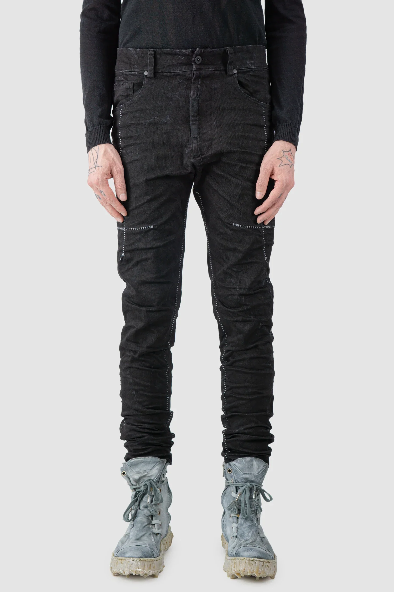 Black Stone Washed Stacked Denim Jeans
