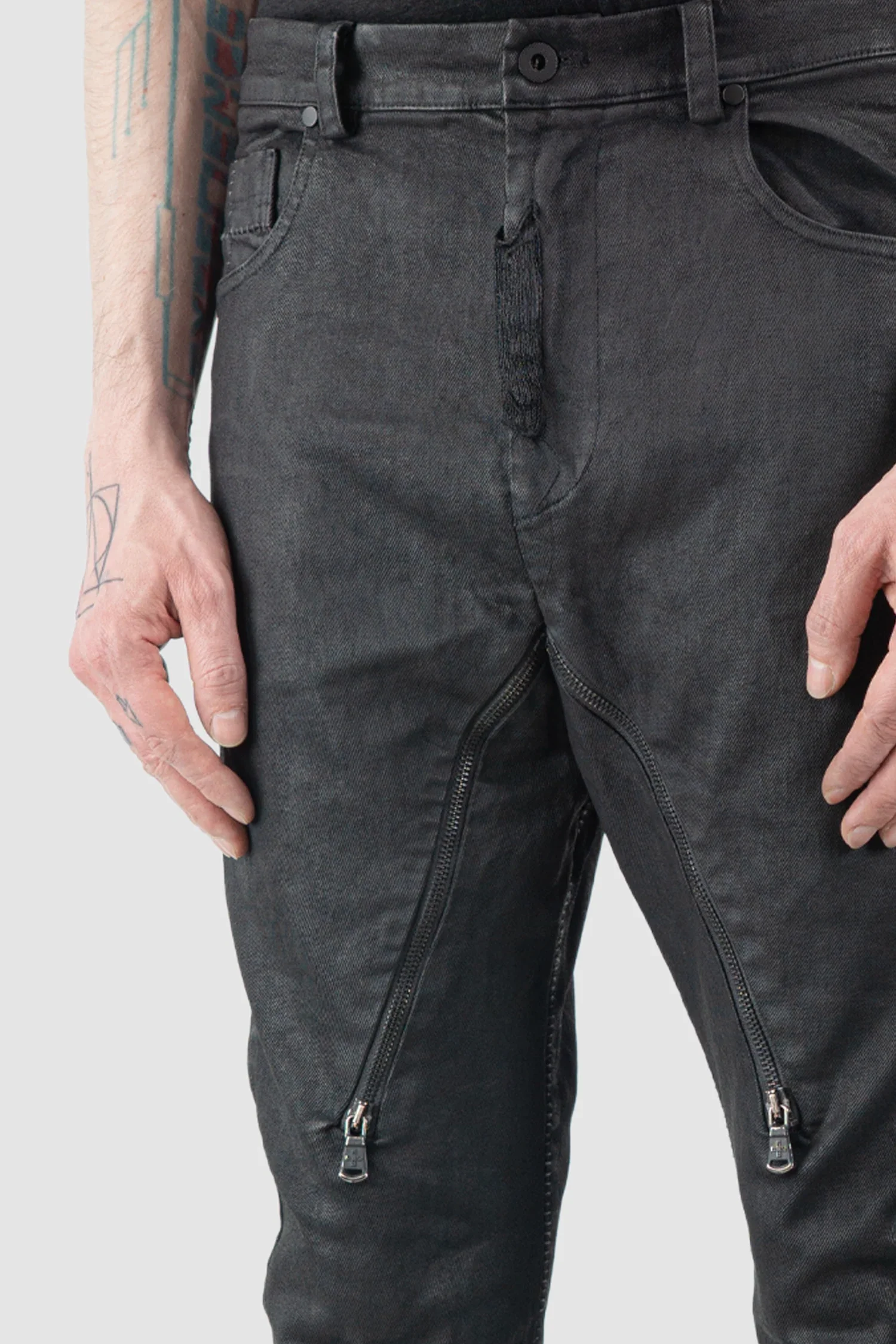 Black Waxed Denim Zip Detail Jeans - Image 3
