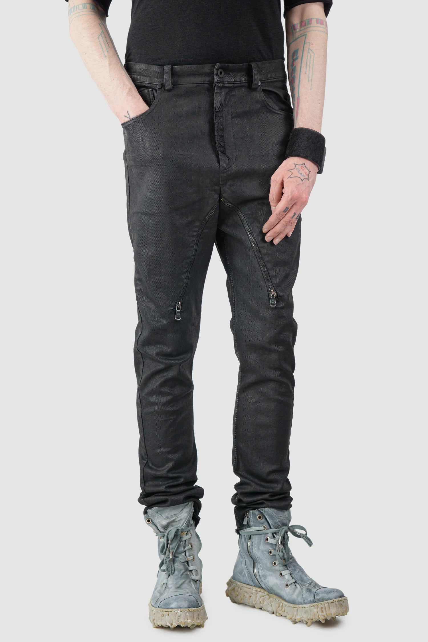 Black Waxed Denim Zip Detail Jeans - Image 8