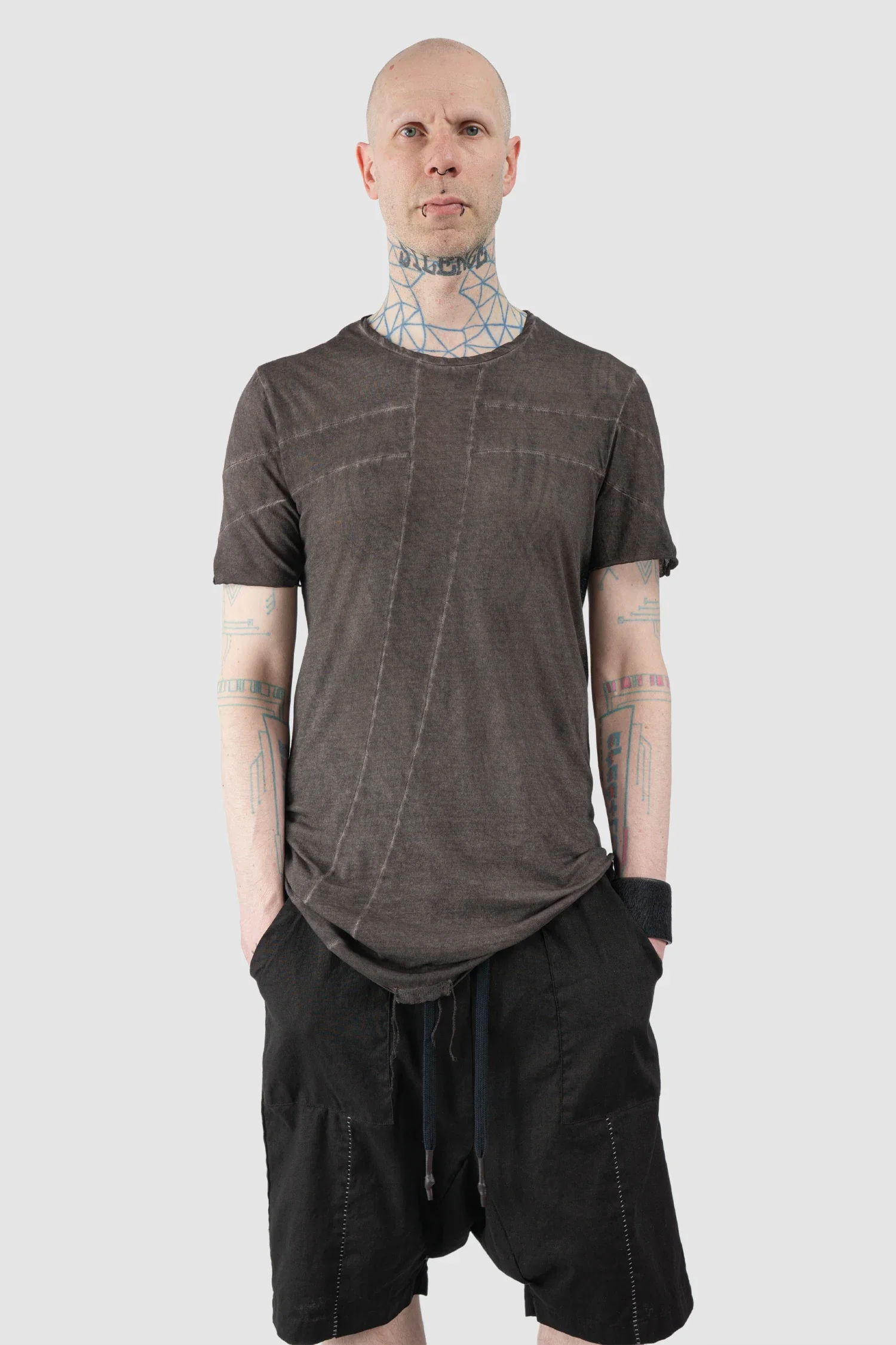 Brown Object Dyed Cotton T-Shirt with Curved Double Seam - Image 7