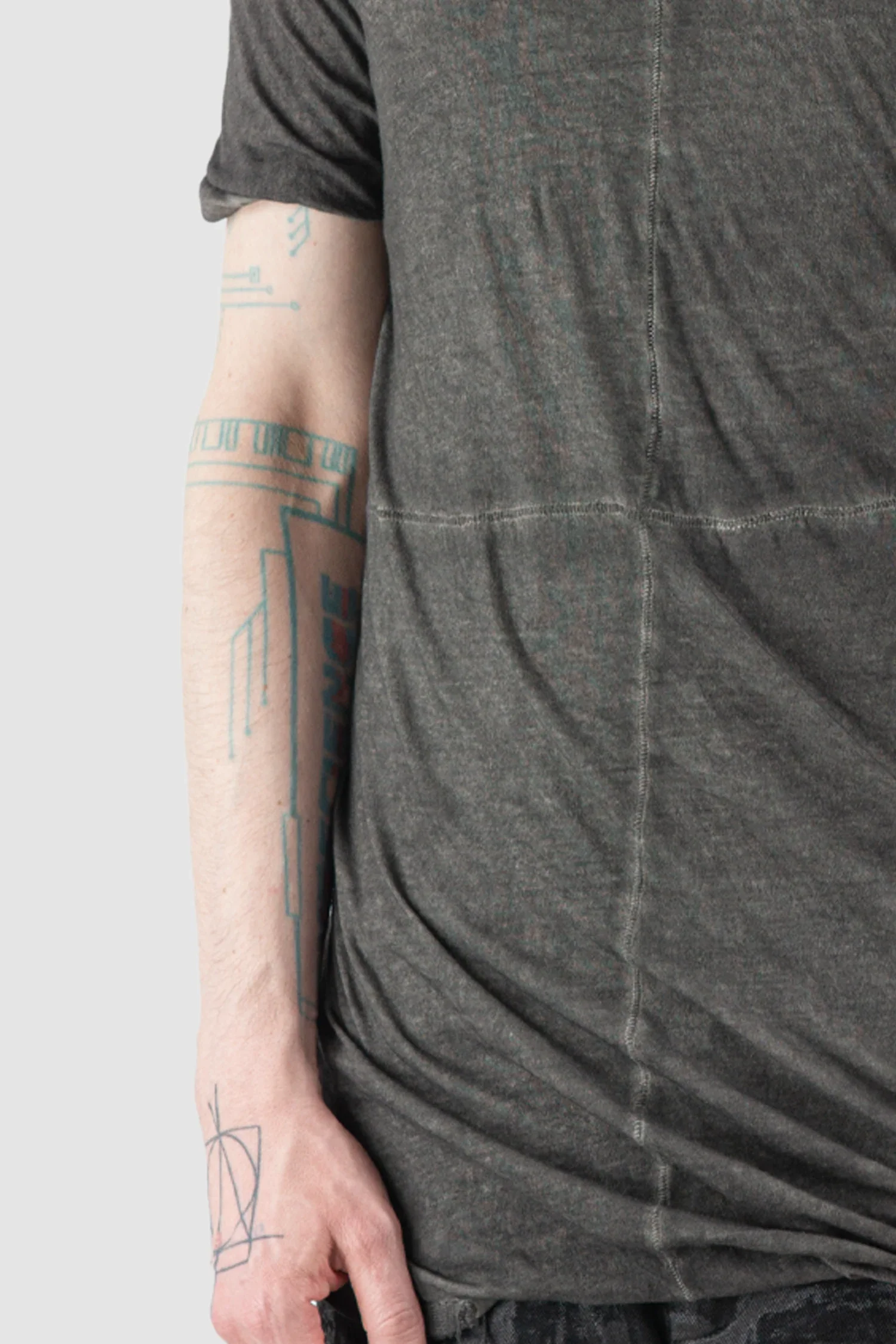 Grey Dyed Double Layer Cotton T-Shirt with Scar Stitch Seams - Image 3