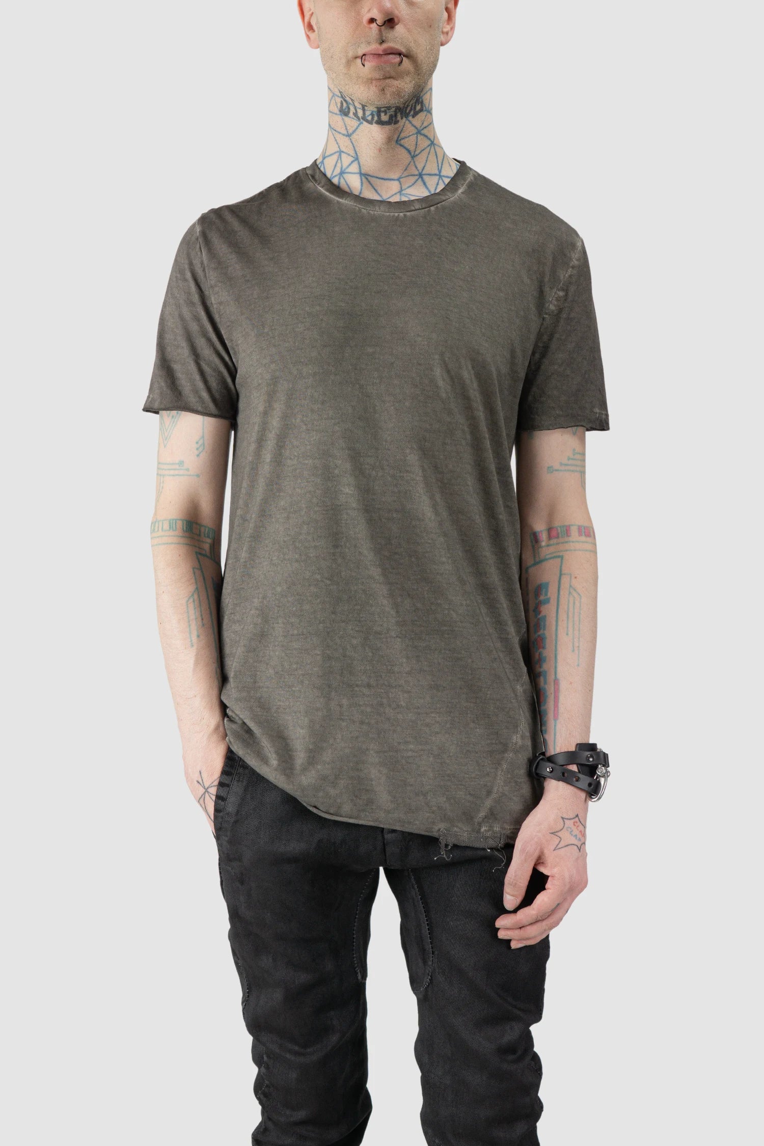 Grey Irregular Dyed Short Sleeve Cotton T-Shirt - Image 7