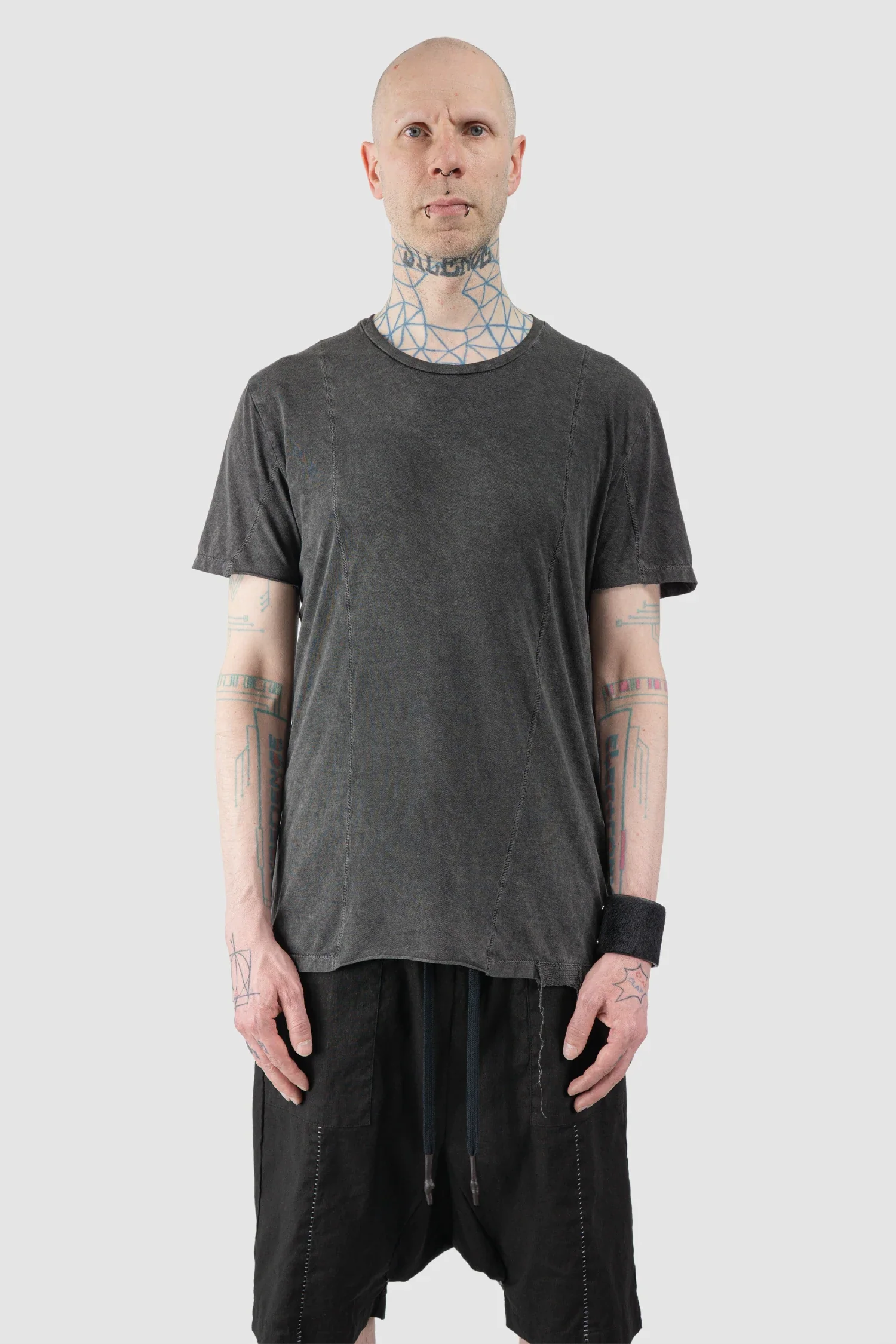 Grey Washed Cotton T-Shirt with Asymmetric Front Panel