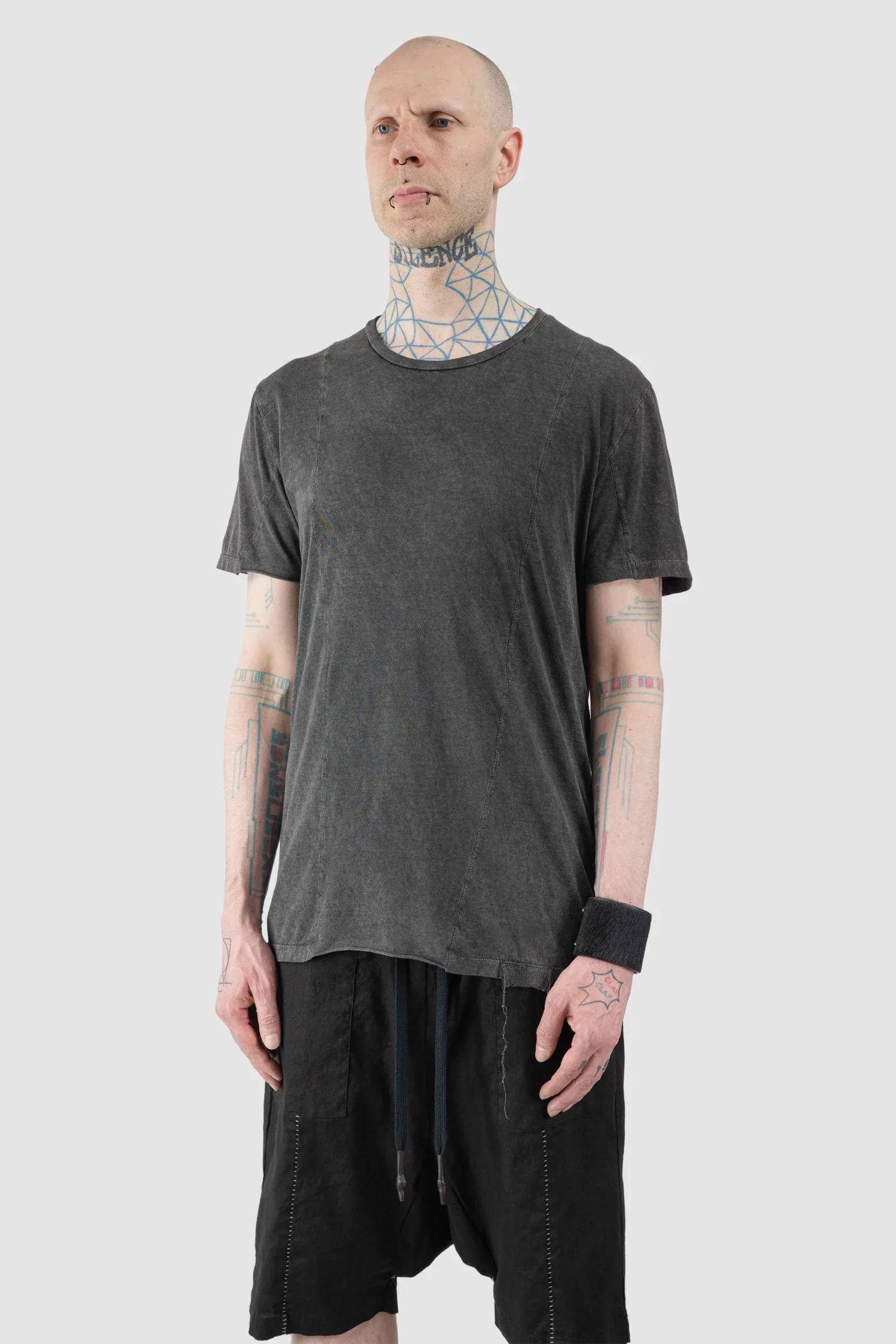 Grey Washed Cotton T-Shirt with Asymmetric Front Panel - Image 2
