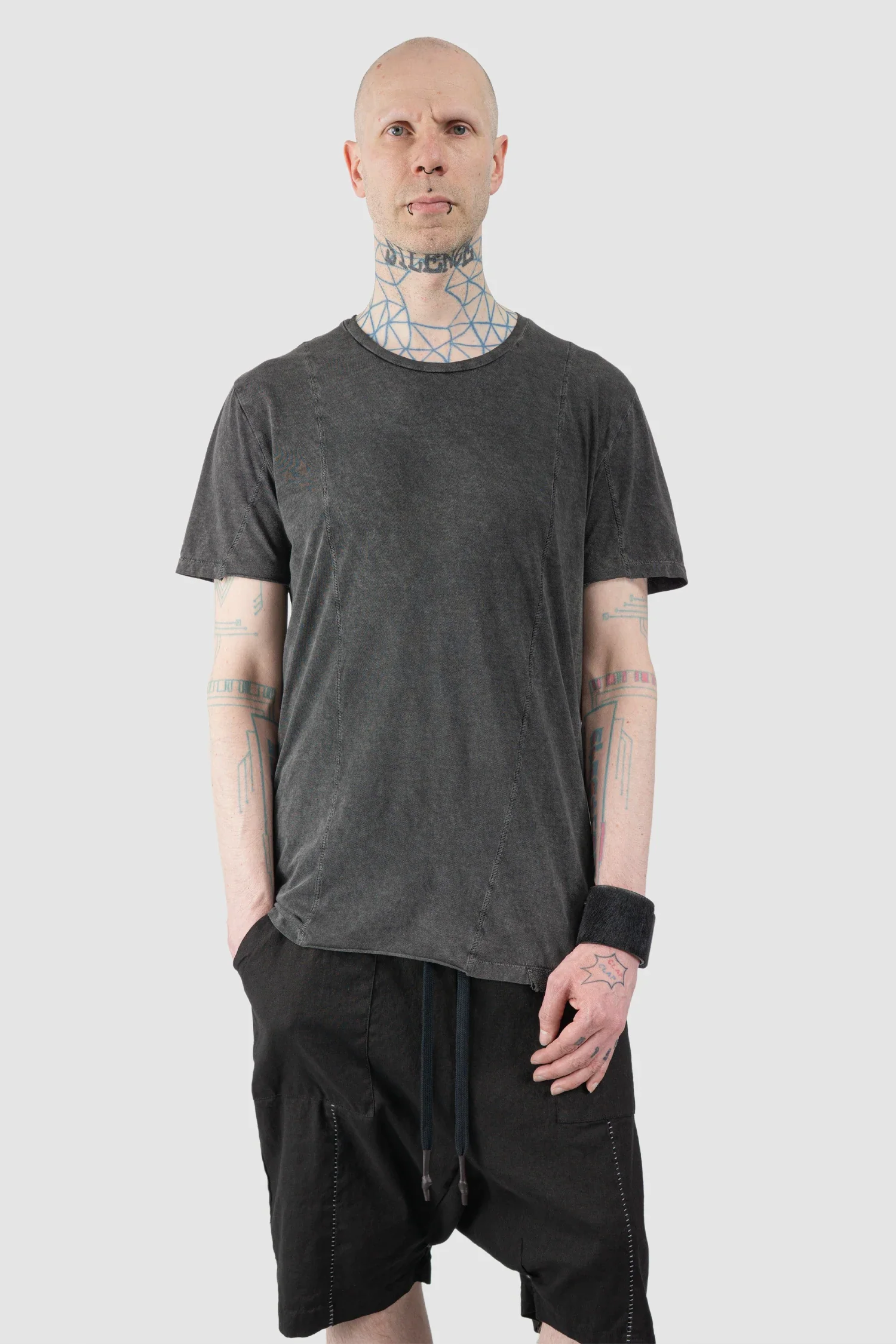 Grey Washed Cotton T-Shirt with Asymmetric Front Panel - Image 7