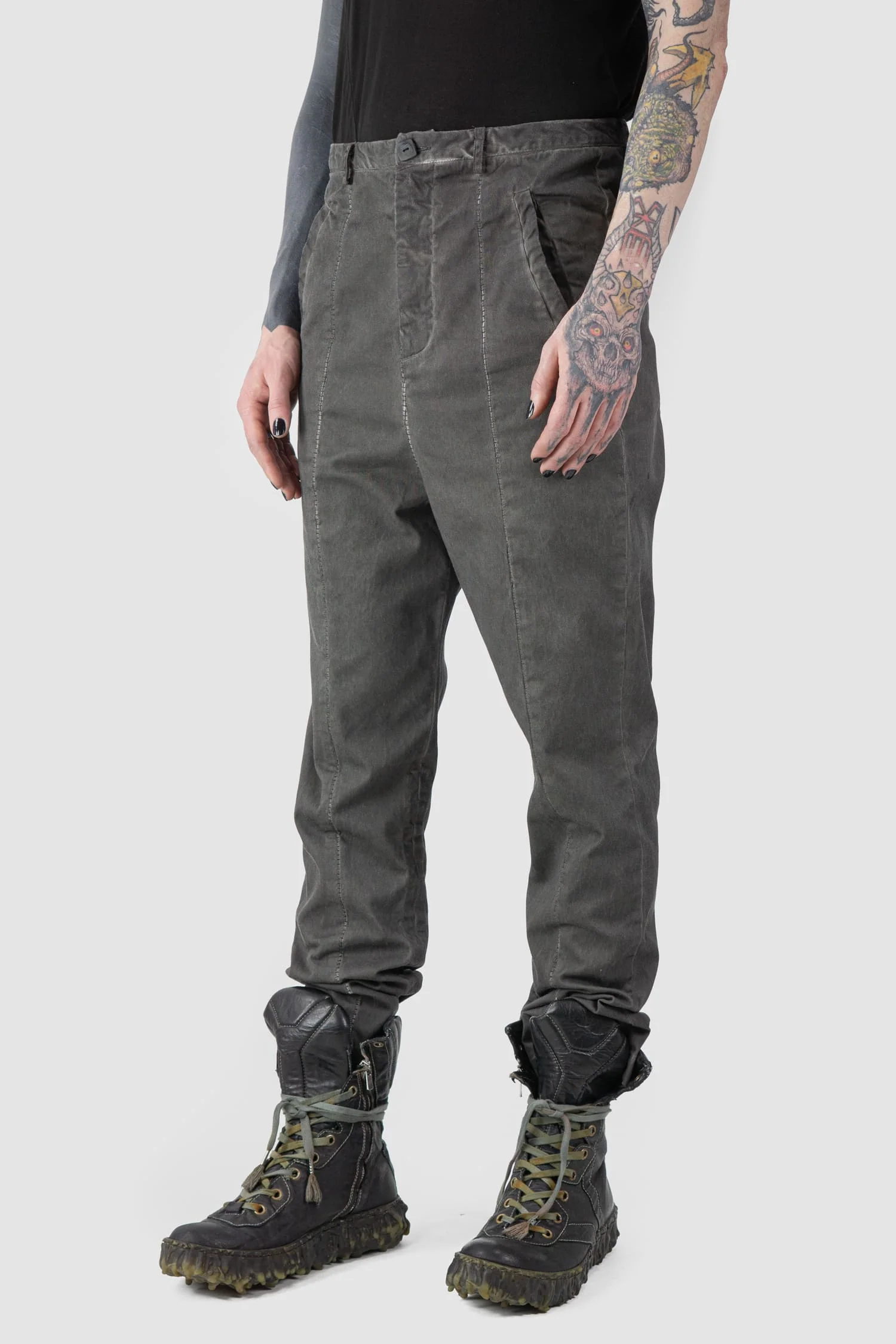 Grey Raffable Low Crotch Stretch Cotton Trousers - Image 4