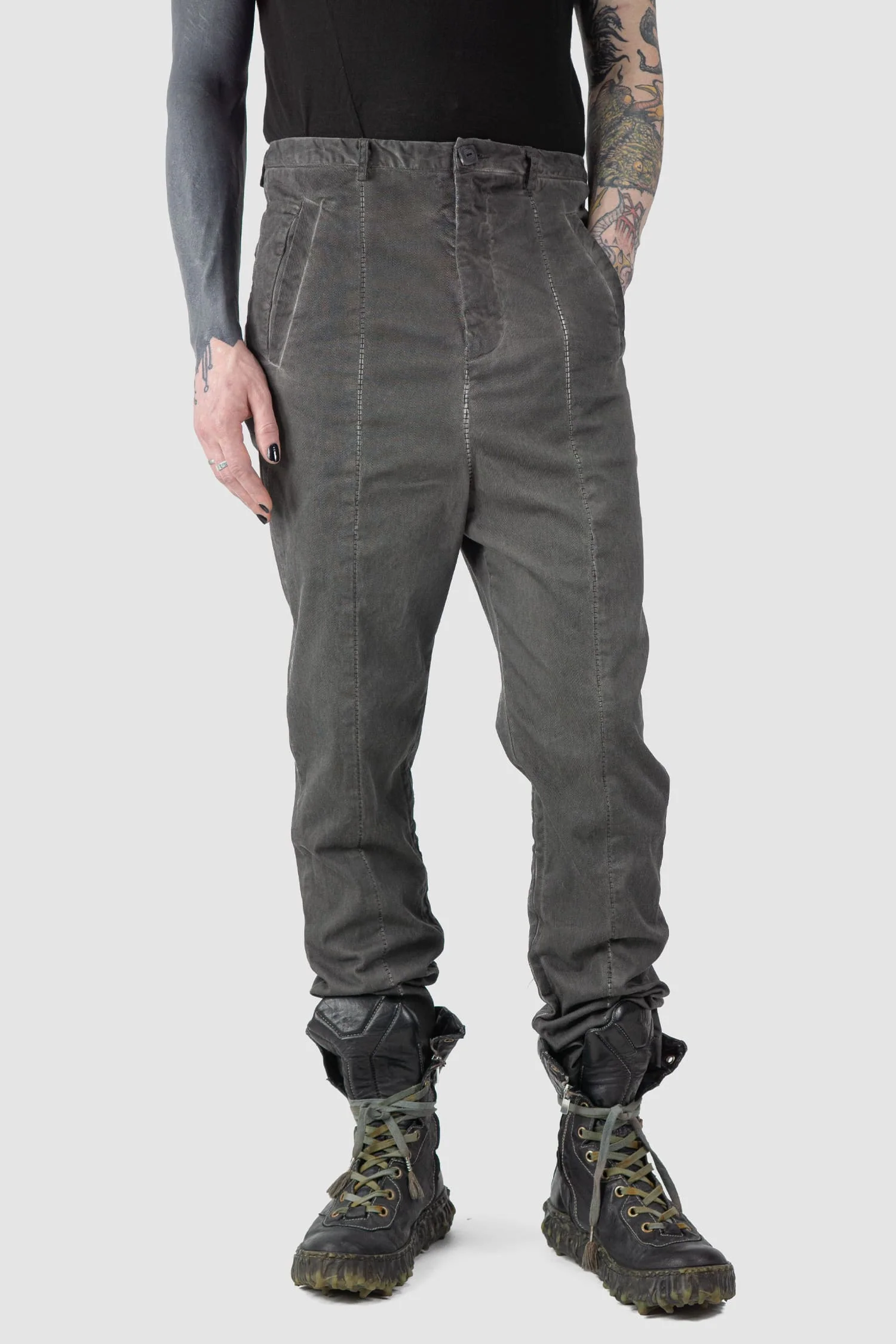Grey Raffable Low Crotch Stretch Cotton Trousers - Image 9