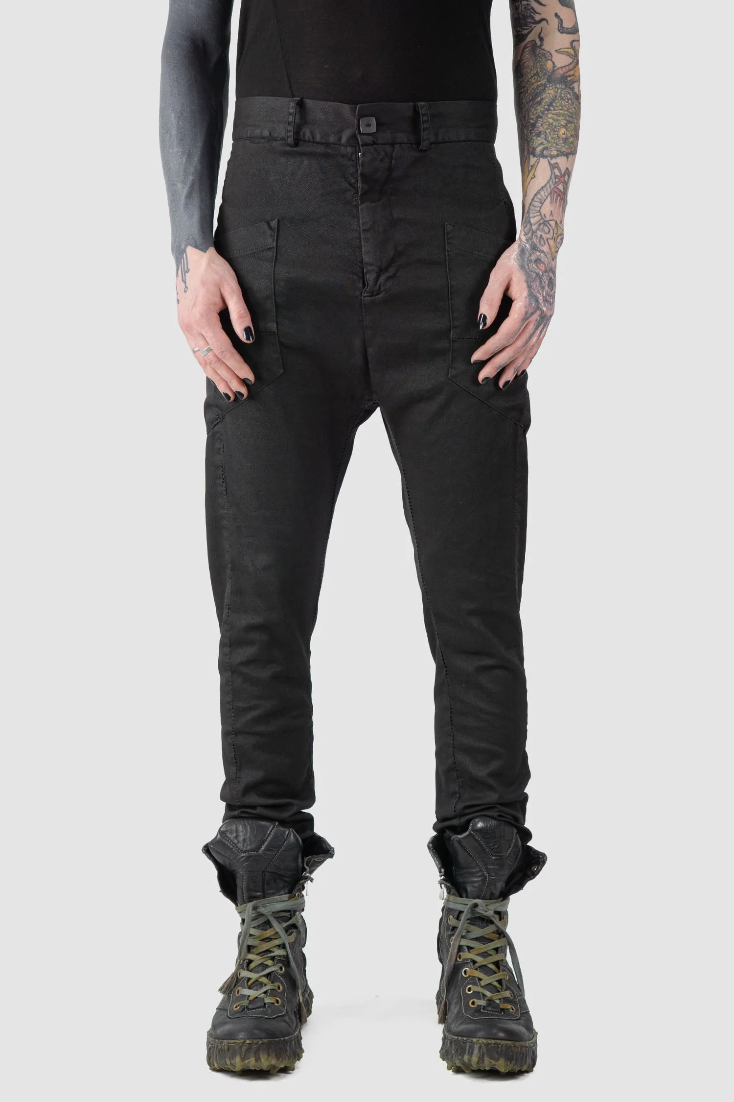 Black Waxed Dropped Crotch Woven Cotton Trousers