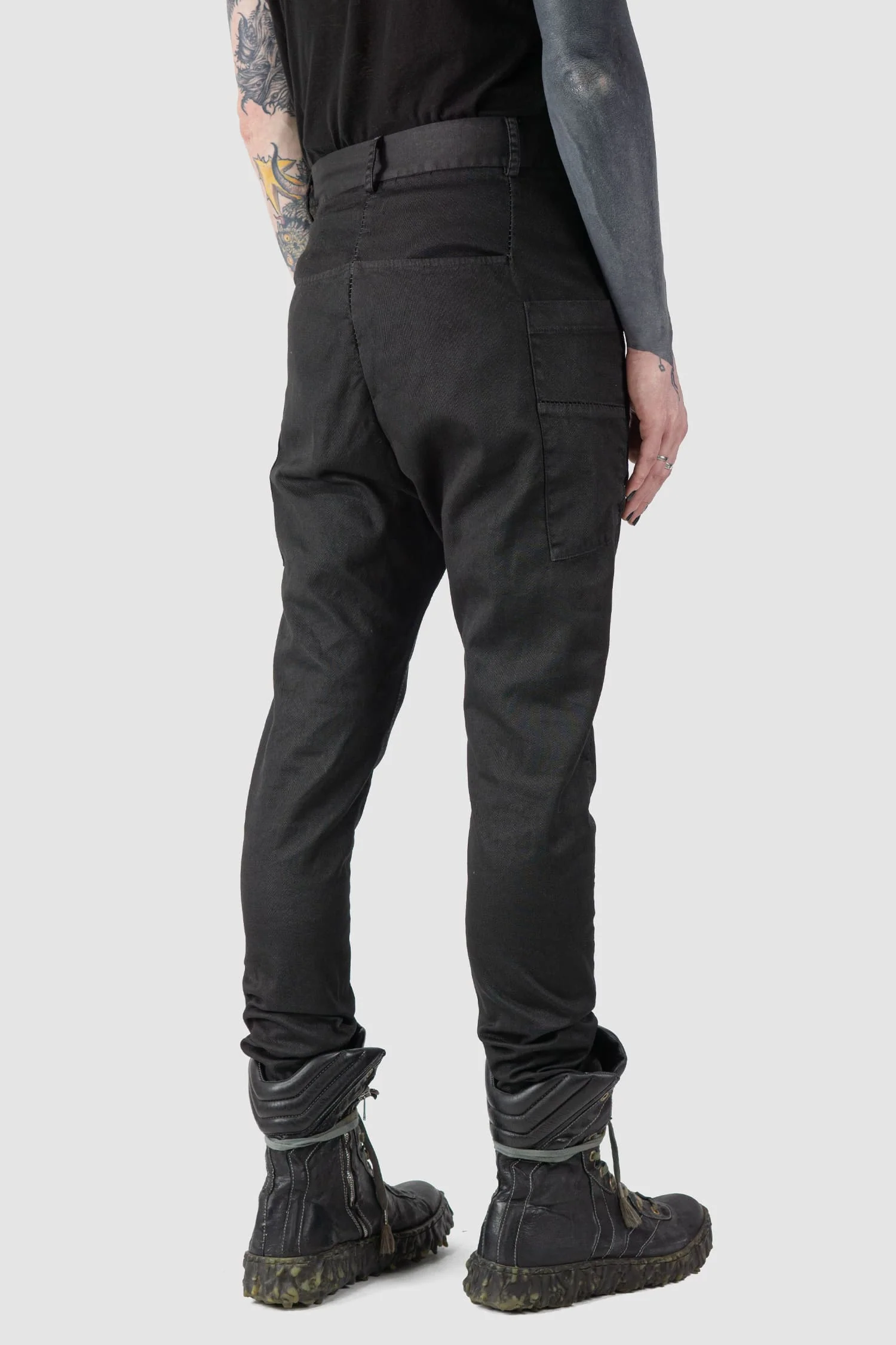Black Waxed Dropped Crotch Woven Cotton Trousers - Image 6