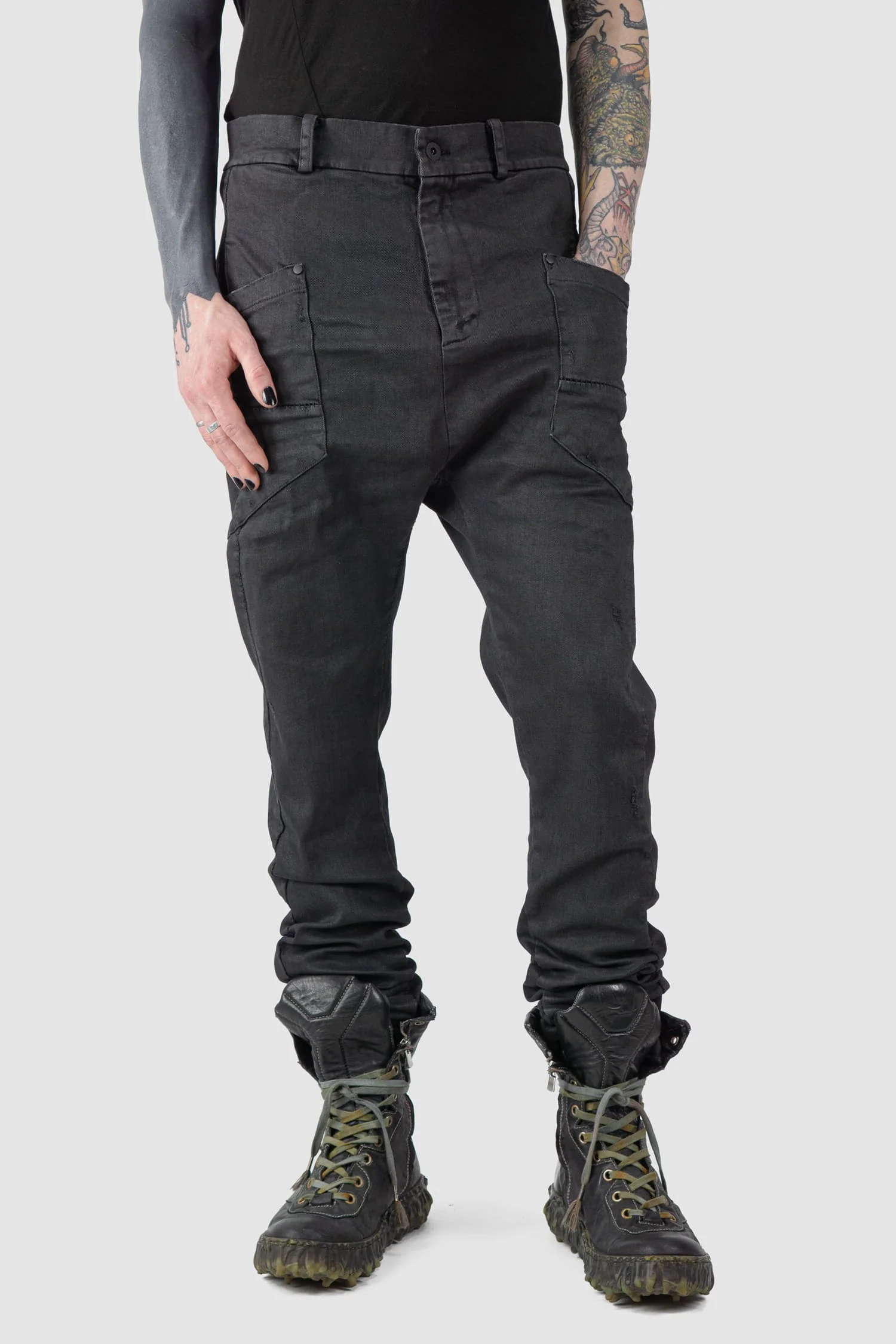 Black Waxed Low Crotch Stretch Denim Jeans - Image 7