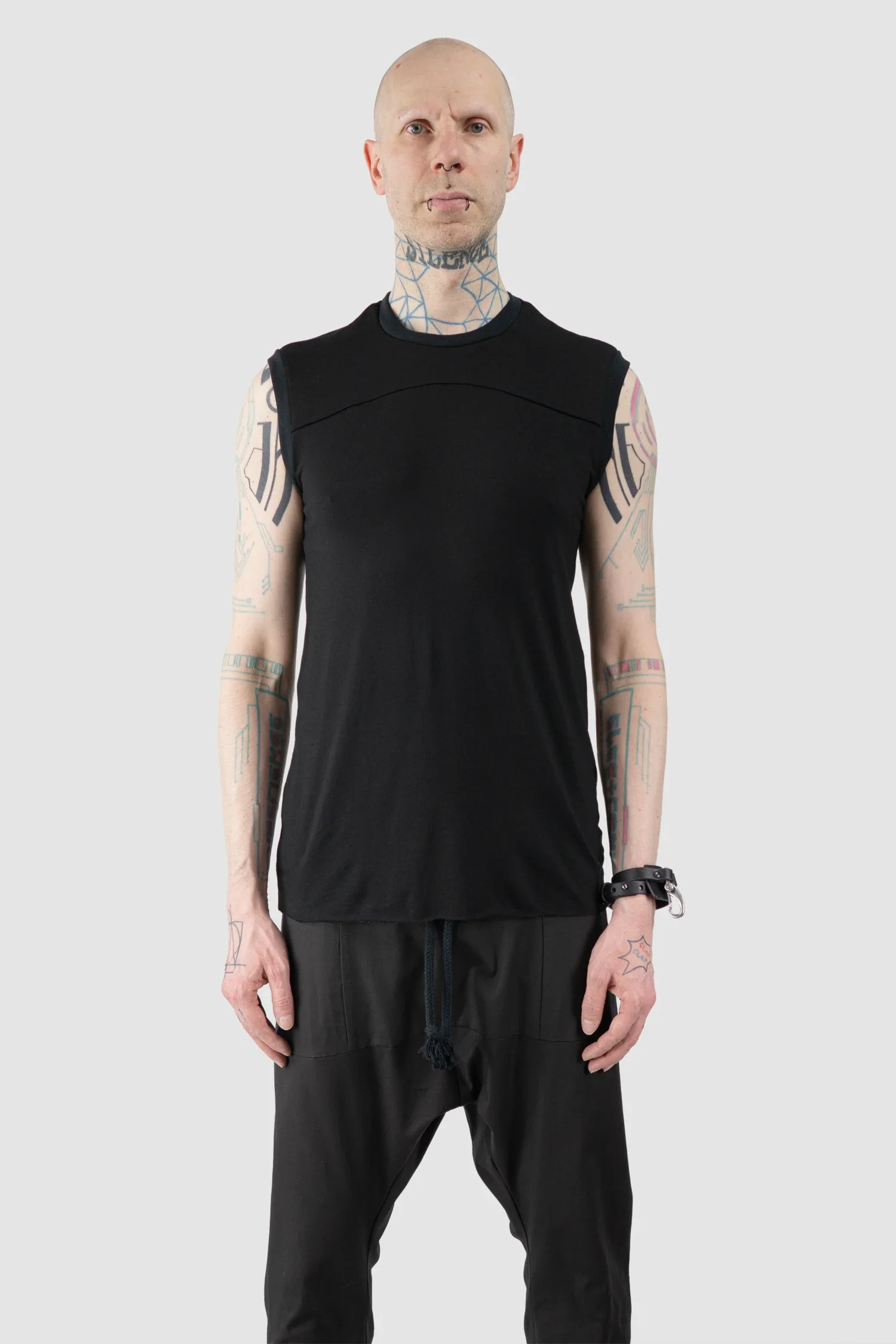 Black Viscose Blend Line Tank Top