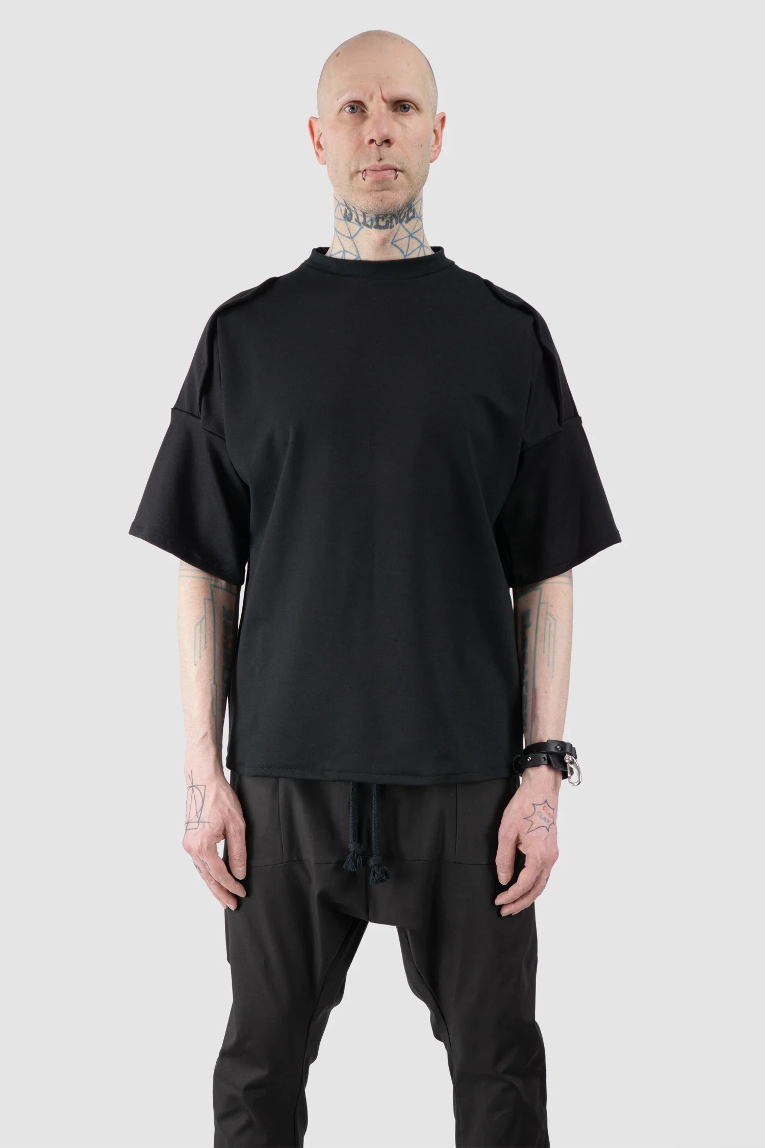 Black Oversized Shoulder Panel Viscose T-Shirt