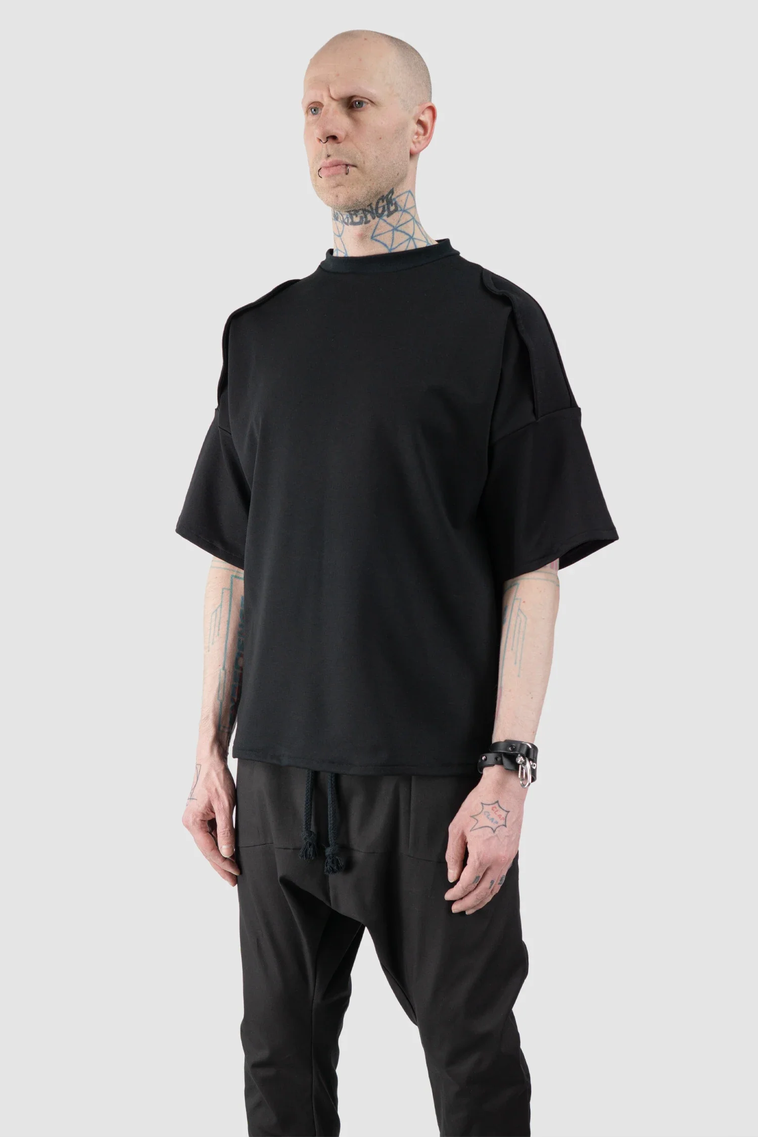 Black Oversized Shoulder Panel Viscose T-Shirt - Image 2