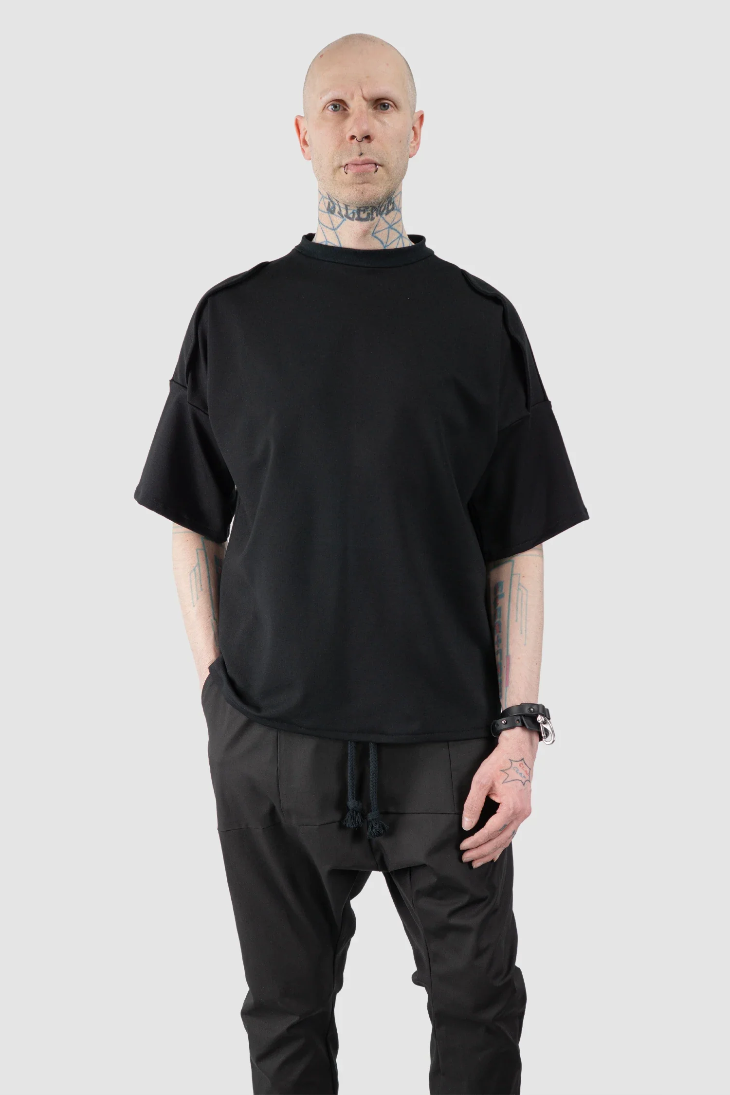 Black Oversized Shoulder Panel Viscose T-Shirt - Image 7