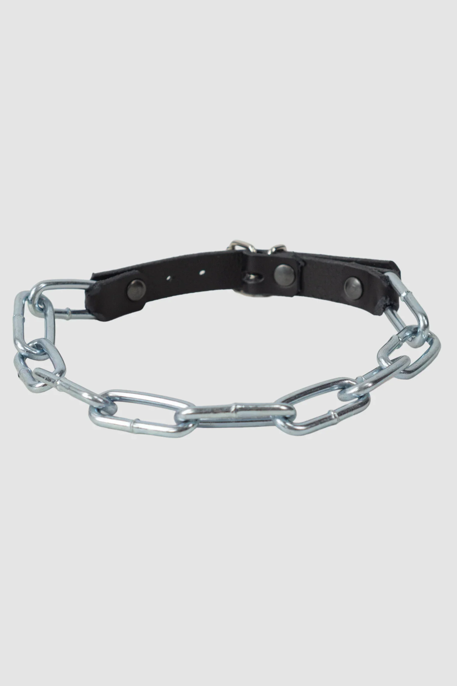 Silver Chain Choker with Leather Buckle