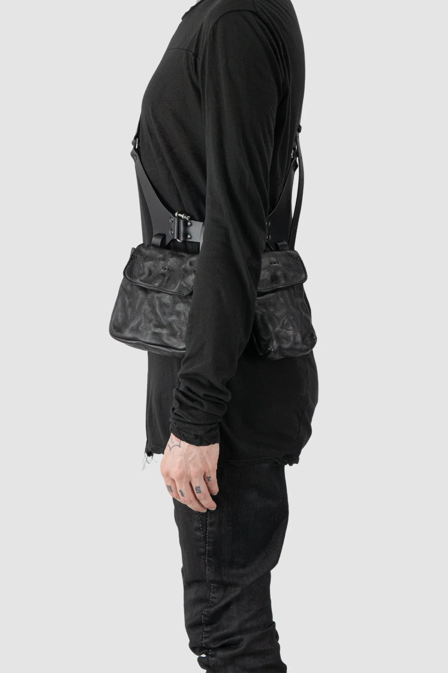 Black Leather Crossbody Double Pouch Bag - Image 3