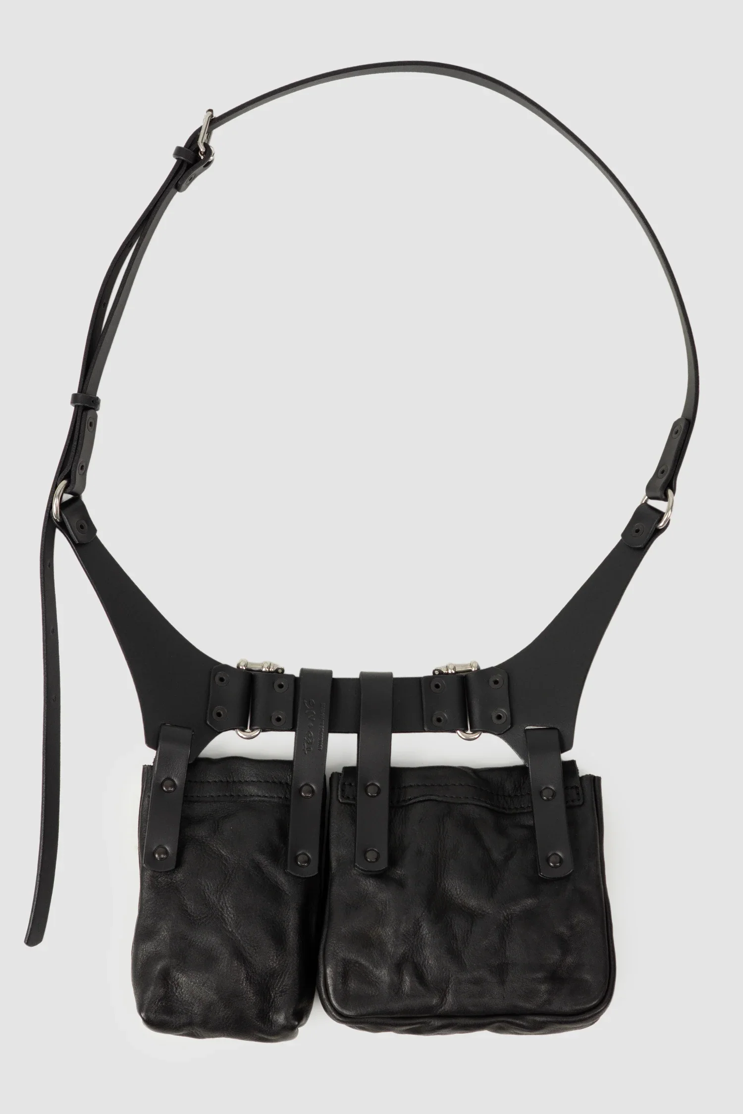 Black Leather Crossbody Double Pouch Bag - Image 6